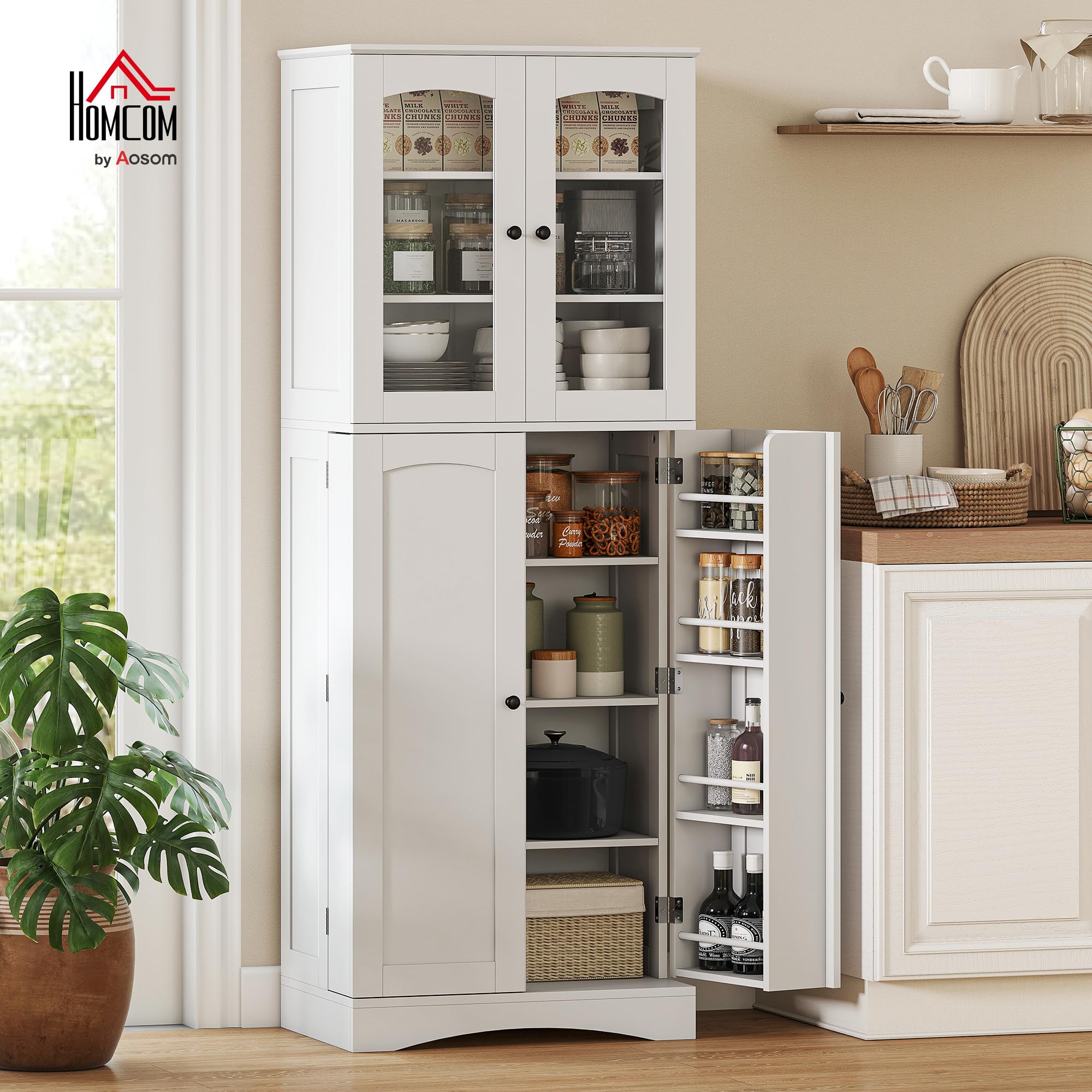 HOMCOM Armario de Cocina, Armario Despensa Cocina, con Puertas Acrílicas de Cierre Suave, 10 Estantes, 8 Compartimentos, Alacena Moderna con 4 Estantes Ajustables para Comedor, 60x40x162 cm, Blanco