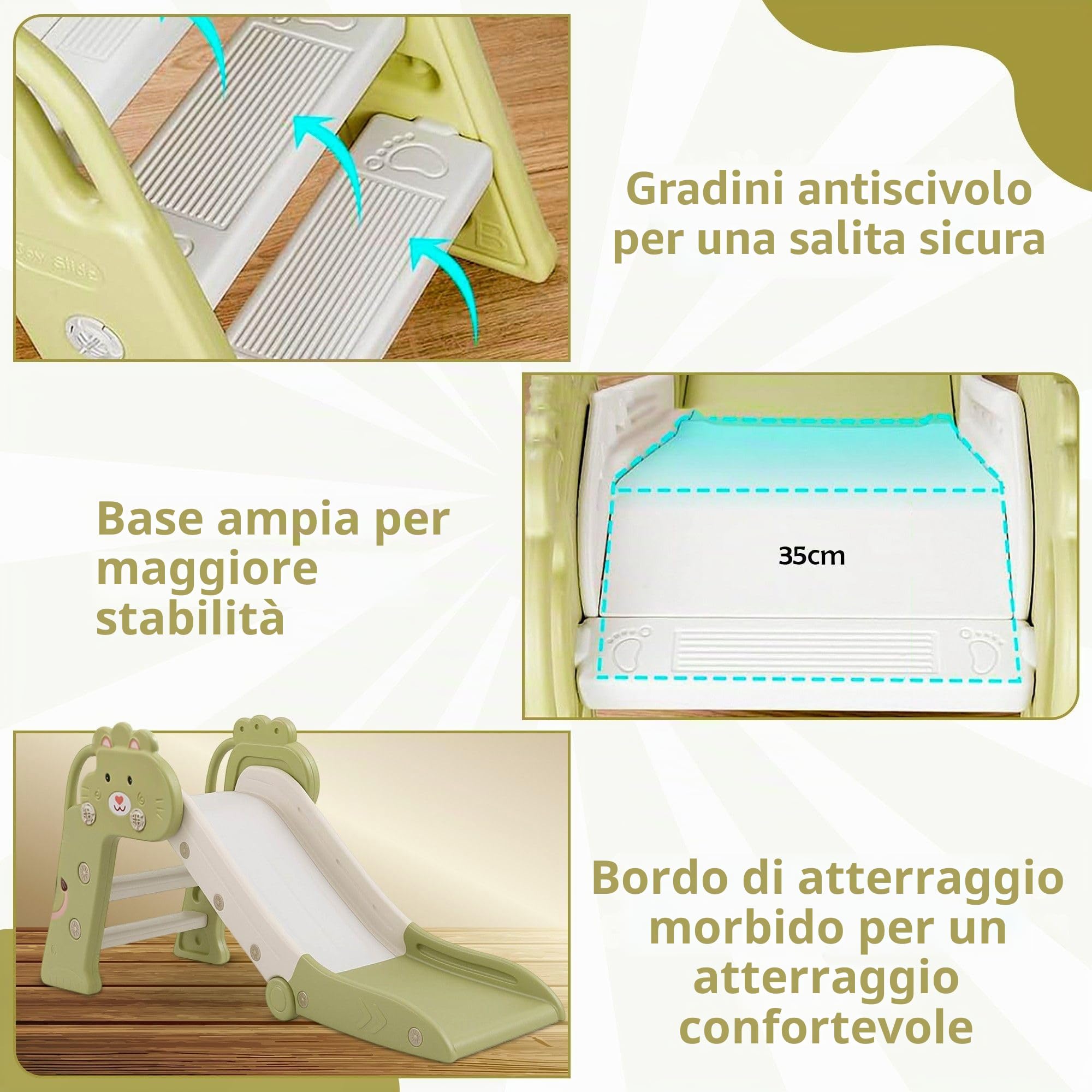 Scivolo per Bambini da Esterno e Interno Pieghevole 1-4 Anni - Certificato CE, Struttura Stabile, Gradini Antiscivolo, Montaggio Rapido, Salvaspazio, 112x49x55 cm, Verde/Bianco