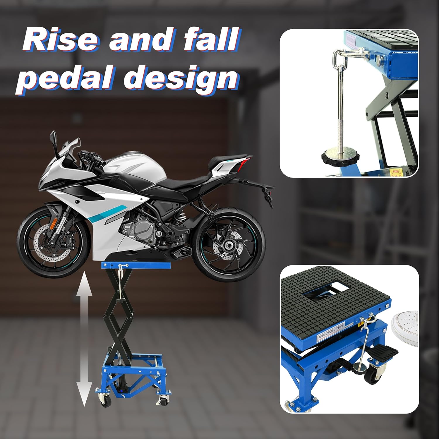 300 lbs Hydraulic Motorcycle Scissor Jack Lift – Foot Step Lever & 4 Wheels, Adjustable Height 13.4"-36.2" – Heavy-Duty Hydraulic Lift Table for Dirt Bikes, Snowmobiles, and Motorcycles (Blue)