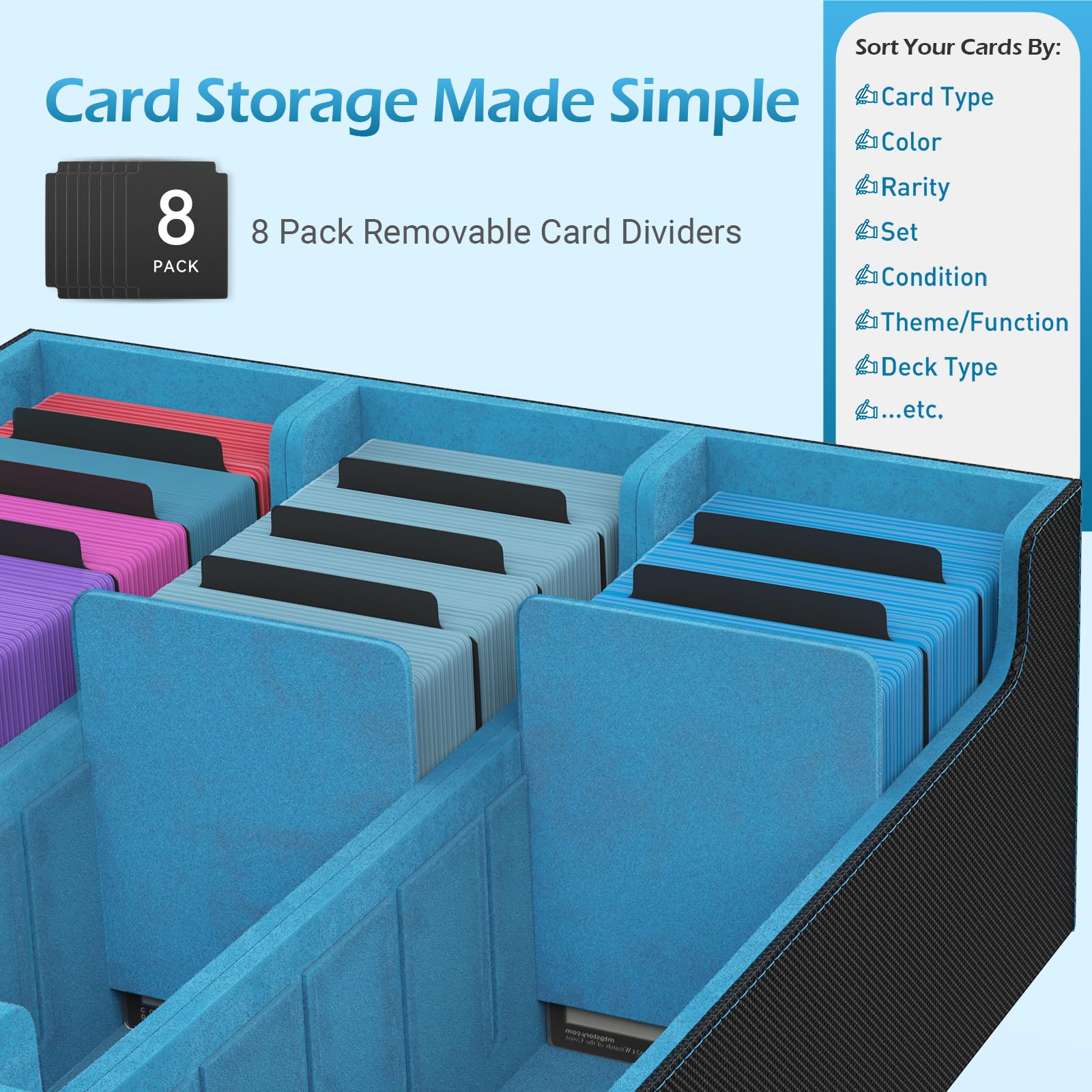 Caja de almacenamiento de 3 filas para tarjetas coleccionables con 50 fundas y 24 divisores, funda apta para cartas MTG TCG Magic Commander, caja de mazo para cartas deportivas