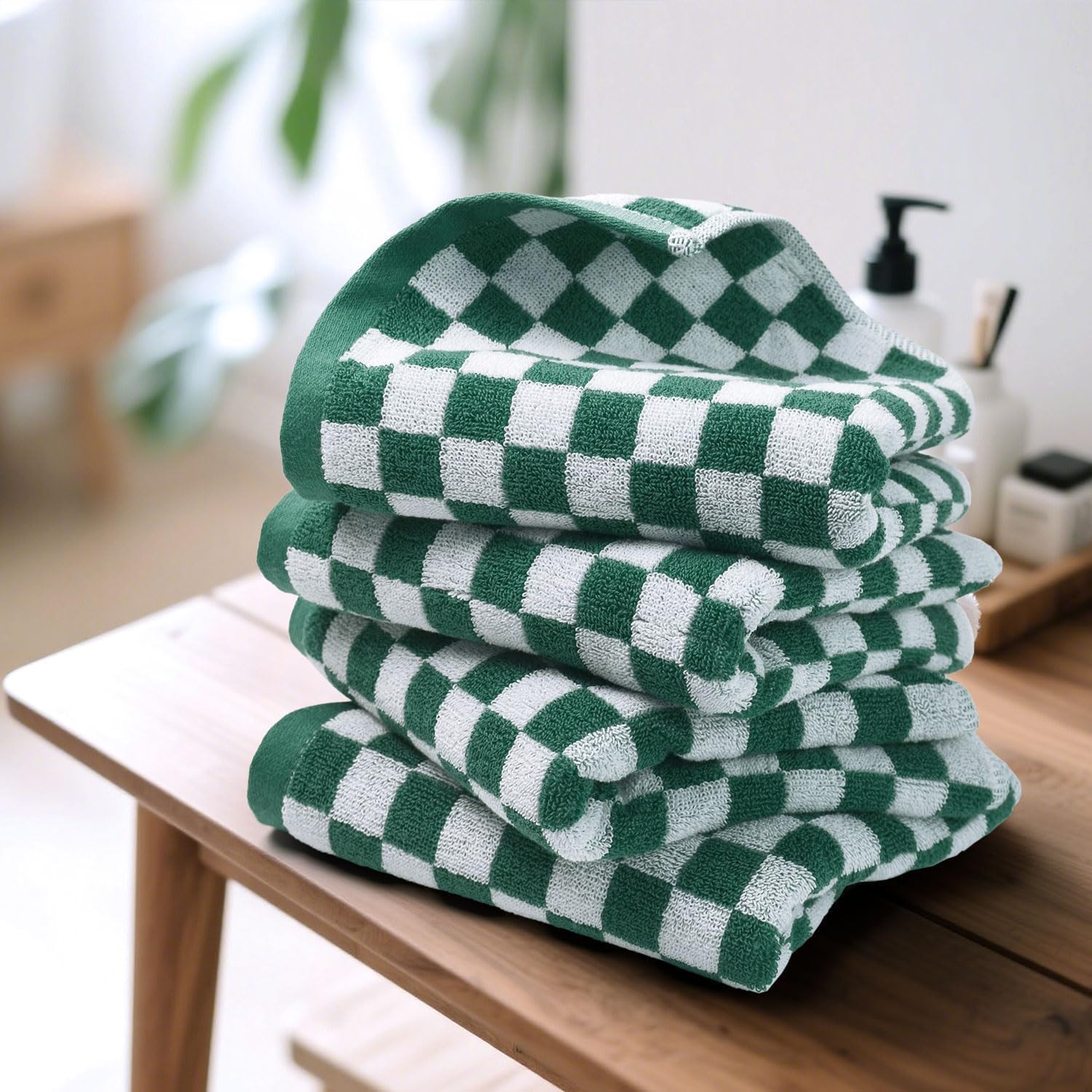 Jacquotha  and White Hand Towels 4 Pack, Cotton Decorative Bathroom Hand Towels & Checkered Kitchen Decor, 13" x 29": Green