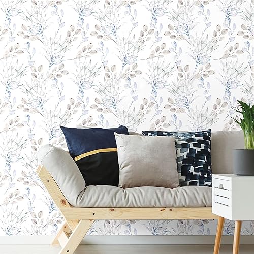 Miniatura 2 de Blooming Wall Papel tapiz de pared con diseño de hojas de loto azul y gris con acuarela, 14.5 pies cuadradosrollo