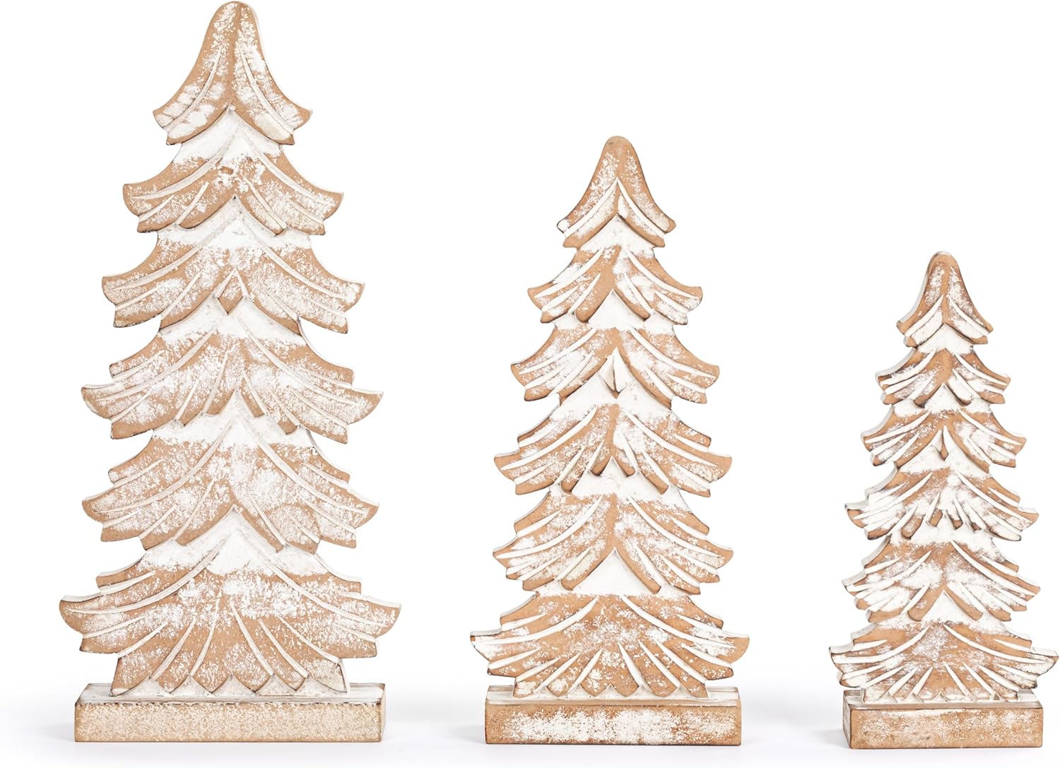 DEMDACO Cozy Time Rustic Flocked Trees Whitewashed, Natural Brown Lg. 13", Med. 10.5", Sm. 8.5" Wooden, Festive Holiday Décor, Christmas Decoration Figurine Set of 3