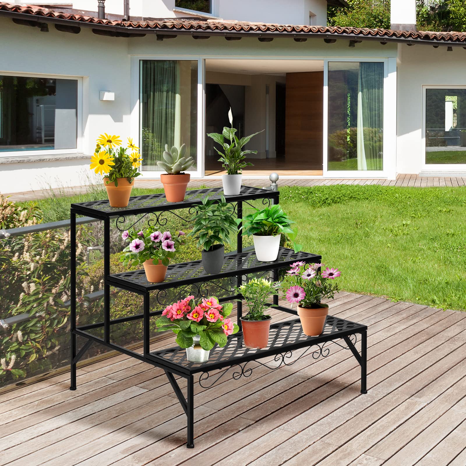 GOPLUS Soporte de metal para plantas, 3 niveles, escalera para flores, escaleras para plantas, para jardín, balcón, negro, 70 x 60 x 60,5 cm (rectangular con diseño)