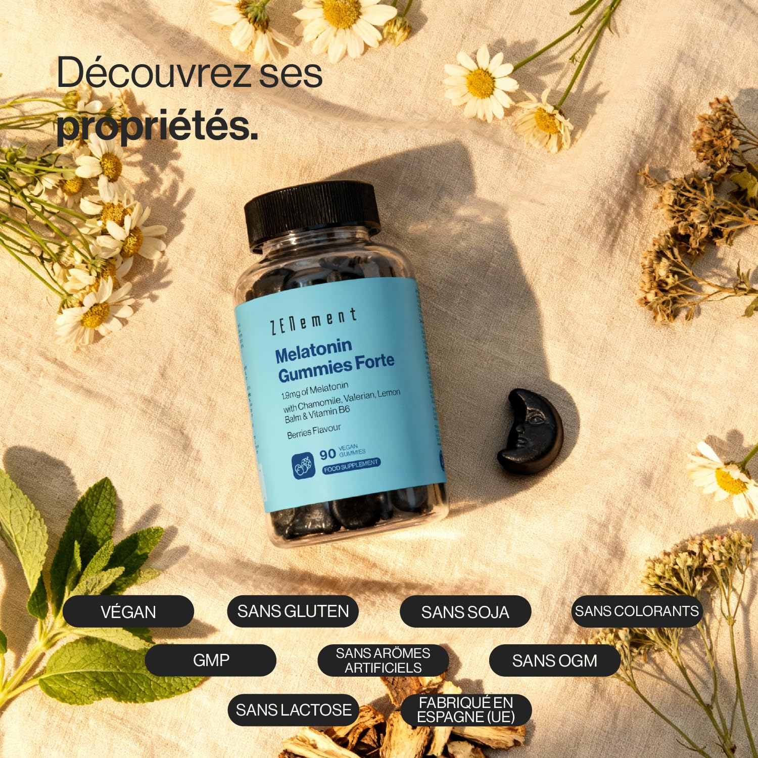 Gummies Mélatonine Forte 1,9 mg – Avec Camomille, Valériane, Mélisse, Sureau & Vitamine B6 – 90 Gommes Véganes pour Dormir – Arôme Naturel Fruits Rouges – Sans Gélatine, Sans Gluten – Zenement