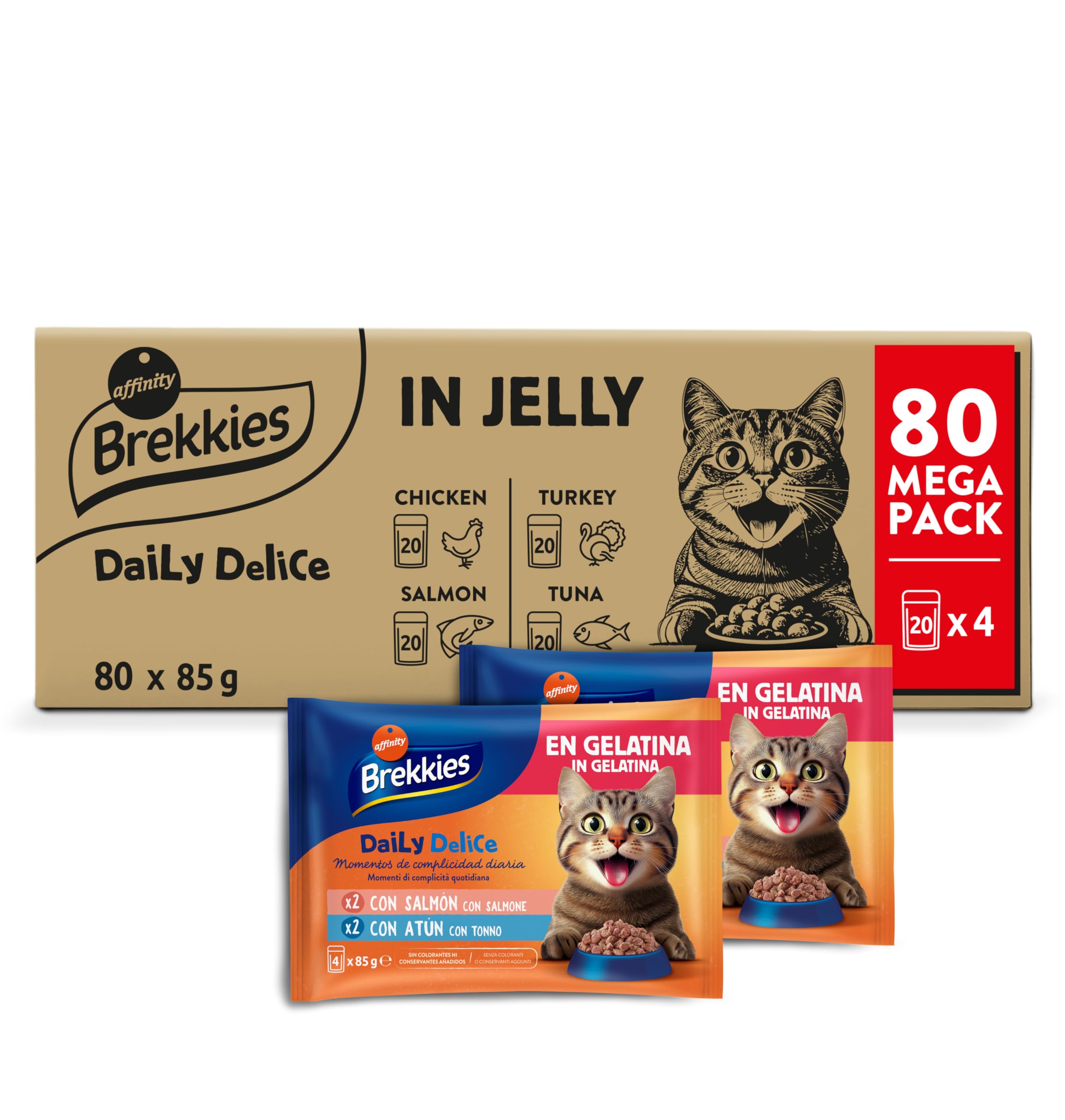 Brekkies Daily Delice Wet Cat Food Gelatin Bites (Chicken, Turkey, Salmon and Tuna) - Jumbo Pack of 80 x 85g