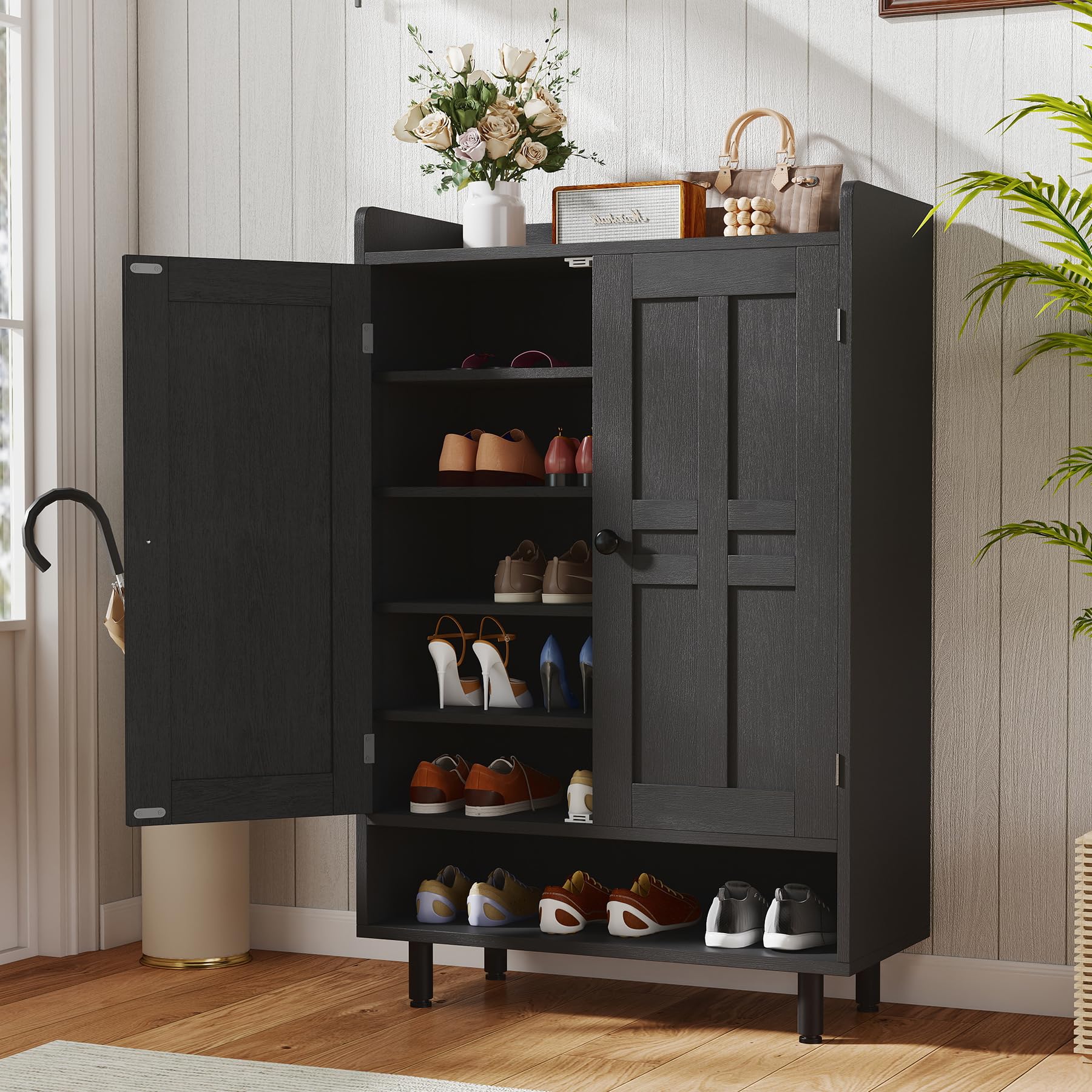 Aivermeil Farmhouse Shoe Cabinet with Doors, 6-Tier Wooden Shoe Organizer with Adjustable Shelves, Entryway Storage Cabinet with Metal Legs, Rustic