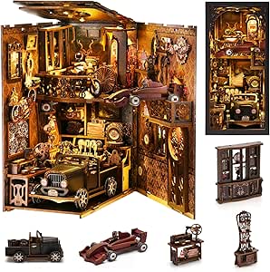 Book Nook Kit - vintage with LED Bookshelf Decor - Featured Vintage Book Nook kit example showing detailed miniature house construction with LED lighting and accessories