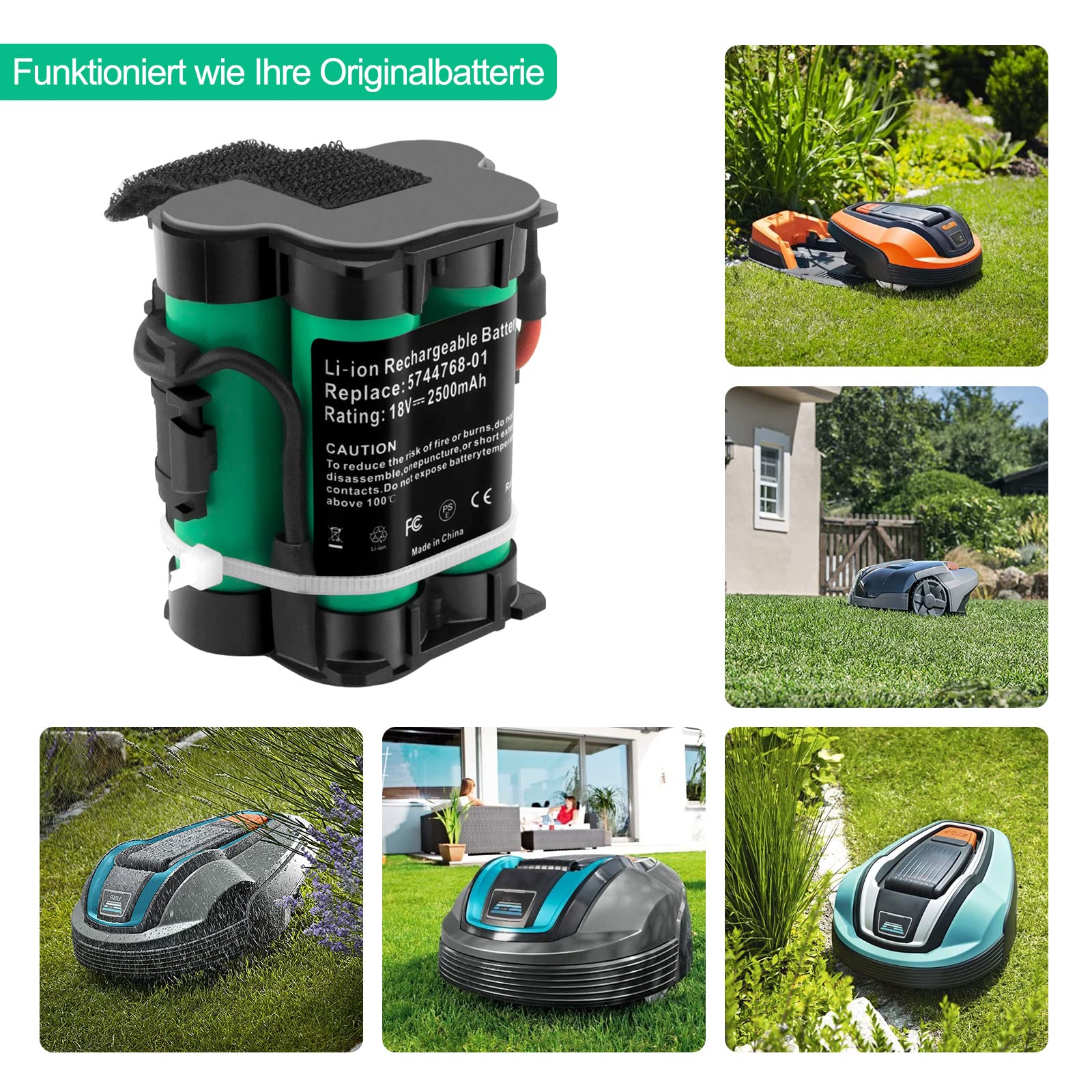 2,5Ah 18V Lithium Akku Kompatibel mit Gardena R38Li R40Li R45Li R50Li R70Li R80Li, für Flymo 1200R, für Husqvarna Automower 105 305 308 308X, für McCulloch ROB R600 R800 R1000