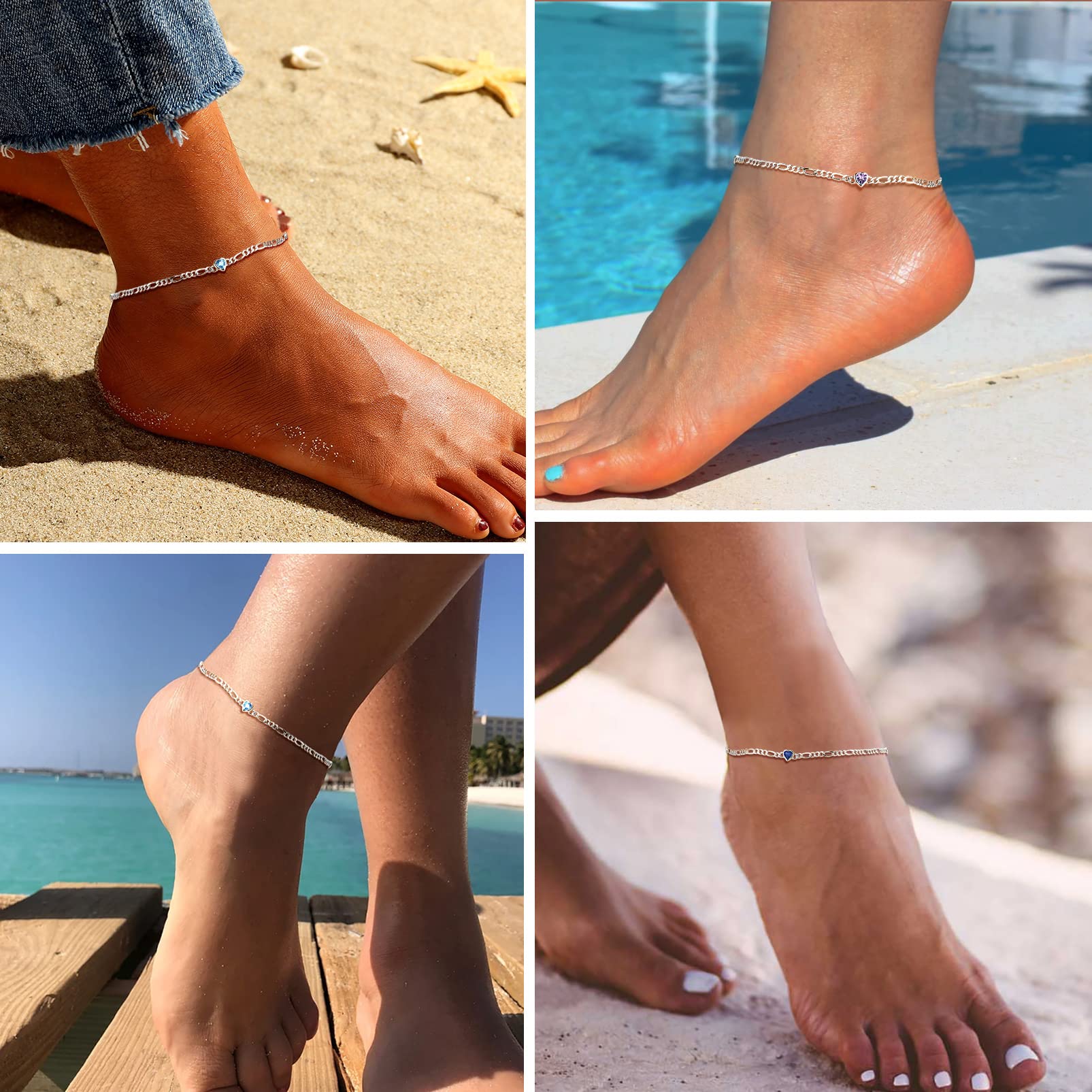 PROSILVER Cavigliera Argento 925 con Cuore Pietra Portafortuna 12 Mesi da Estate Spiaggia con Confezione Regalo 22+5cm Regaolabile