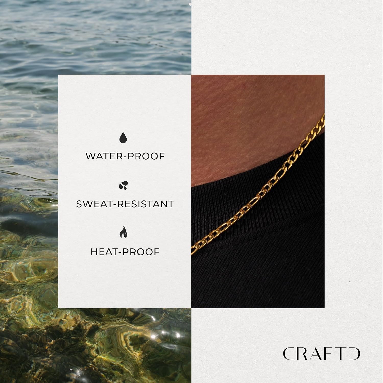 CRAFTD - Gold Figaro Link Chain - Durable 18K Gold & 316L Stainless Steel - Waterproof, Heat & Sweat Resistant - Gifts for Men - Men's Jewelry