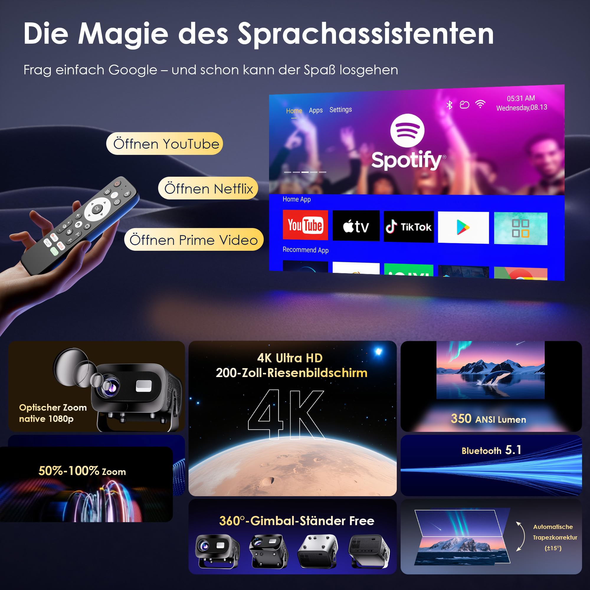 Mini Beamer 4K Smart Beamer【Offizielle App】mit Full HD 1080P, 1000 Lumen, Autofokus und Trapezkorrektur, 360°-Drehung, WiFi und Bluetooth,für Handy HDMI, TV-Stick,Tragbarer/Heimkinoprojektor