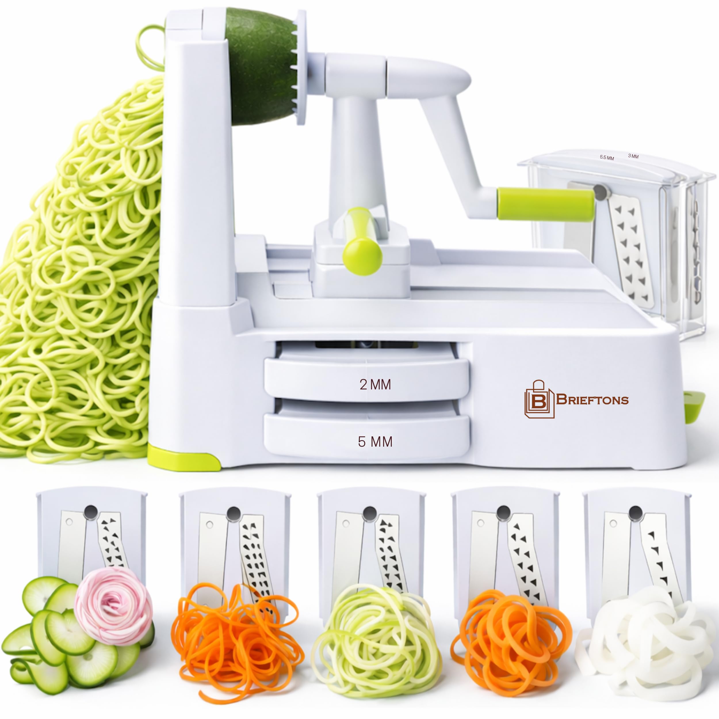 Brieftons 5-Blade Vegetable Spiralizer: Strongest-Heaviest Spiral Slicer, Best Veggie Pasta Spaghetti Maker for Low Carb/Paleo/Gluten-Free/Vegan Meals, With Extra Blade Caddy, 4 Recipe Ebooks