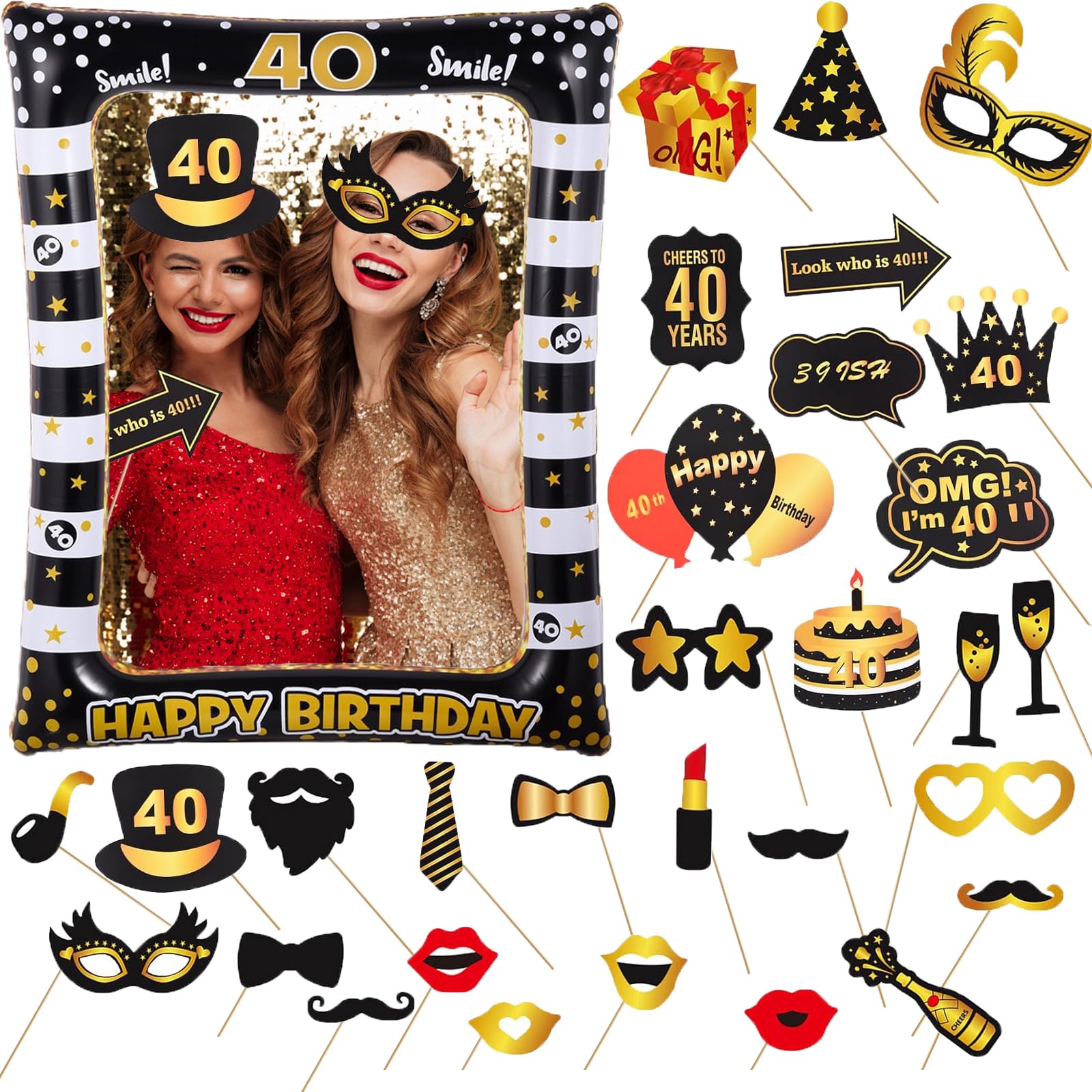 Acquwistach Black Gold 40Th Birthday Inflatable Frame, 31Pcs Photo Inflatable Booth Props, Gold Black Frame Decorations, Selfie Frame, For Her Him Birthday, Family Fun Holiday Party Supplies