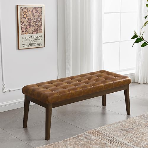 Miniatura 4 de Banco de entrada tapizado, banco de dormitorio, banco de comedor con patas de madera maciza y botones acolchados, banco otomano de lino para sala de