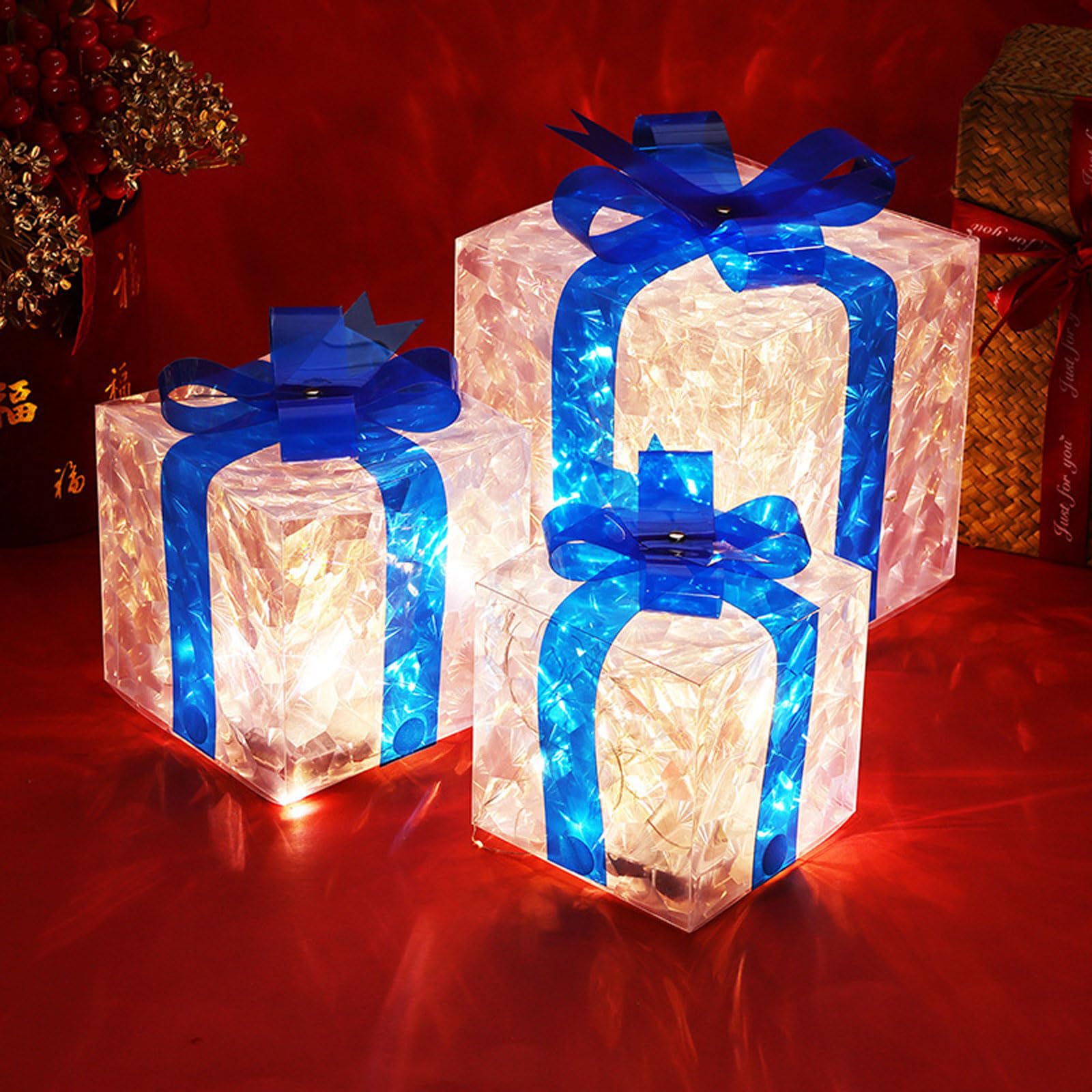 decorazioni natalizie, Confezione da 3 scatole regalo luminose a LED con fiocco multicolore, diverse dimensioni(Blue)
