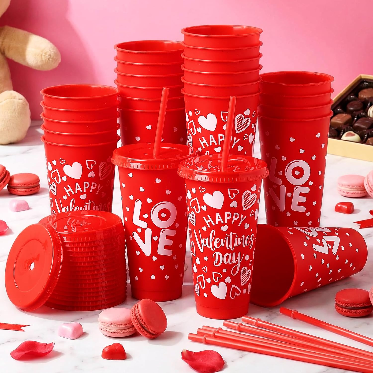 Qinyoung 24 Sets 24 oz Valentine's Day Heart Plastic Cups with Lids and Straws Valentines Teacher Gifts Reusable Heart Coffee Cups Mugs Bulk for Women Birthday Wedding Anniversary Party Supplies