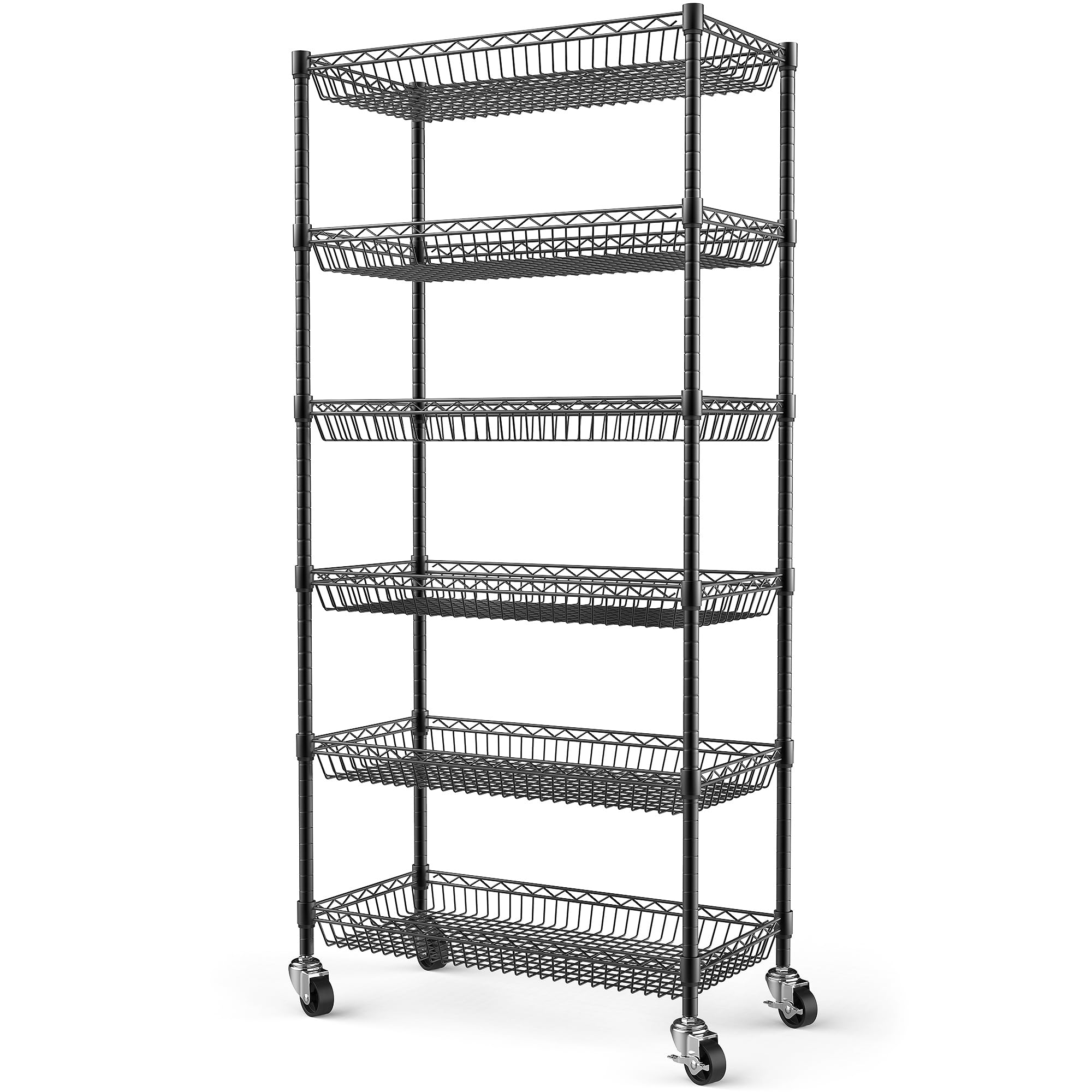 Himimi Estantería Metálica de 6 Niveles con Ruedas, Estante Ajustable en Altura Independiente, Organizador de Cestas de Alambre Metálico para Cocina, Baño, Dormitorio, Salón, 76×34×165 cm Negro