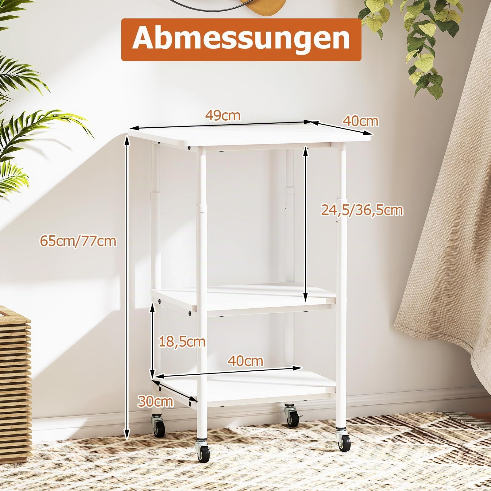 COSTWAY 3-stufiger Druckerständer höhenverstellbar, Druckerwagen mit Ablageflächen & Rollen, Aufbewahrungswagen mobil, Maschinenständer für 3D-Drucker, Faxgerät 49 x 40 x 77 cm (Weiß)