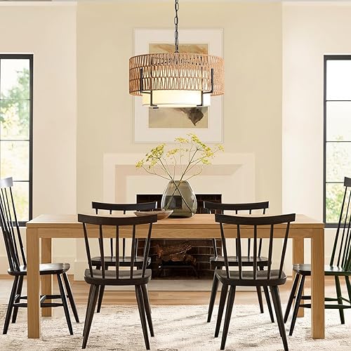 Miniatura 7 de Candelabro de ratán bohemio, lámpara colgante de ratán de 19.7 pulgadas con pantalla de tela, lámpara de techo estilo granja de 4 luces con