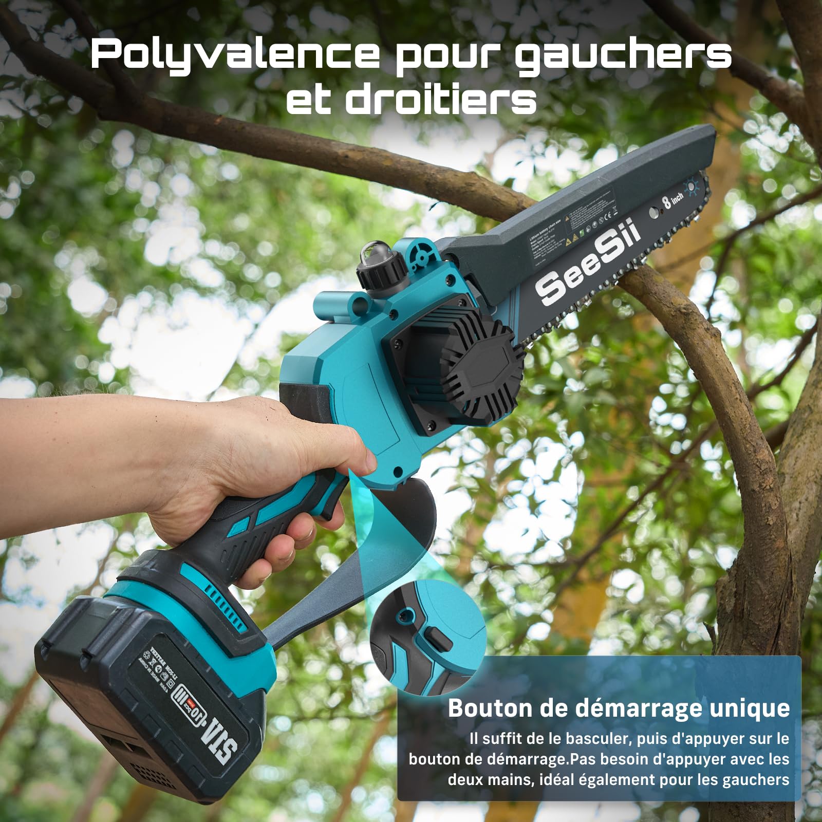 SEESII PS810 Mini Tronconneuse & Elagueuse sur Perche 8 Pouces, 2-en-1 Tronconneuse a Batterie, avec 2 x 4000 mAh Batteries, Portée 4,87 M, Système D'huile Automatique, pour Branches et Jardin