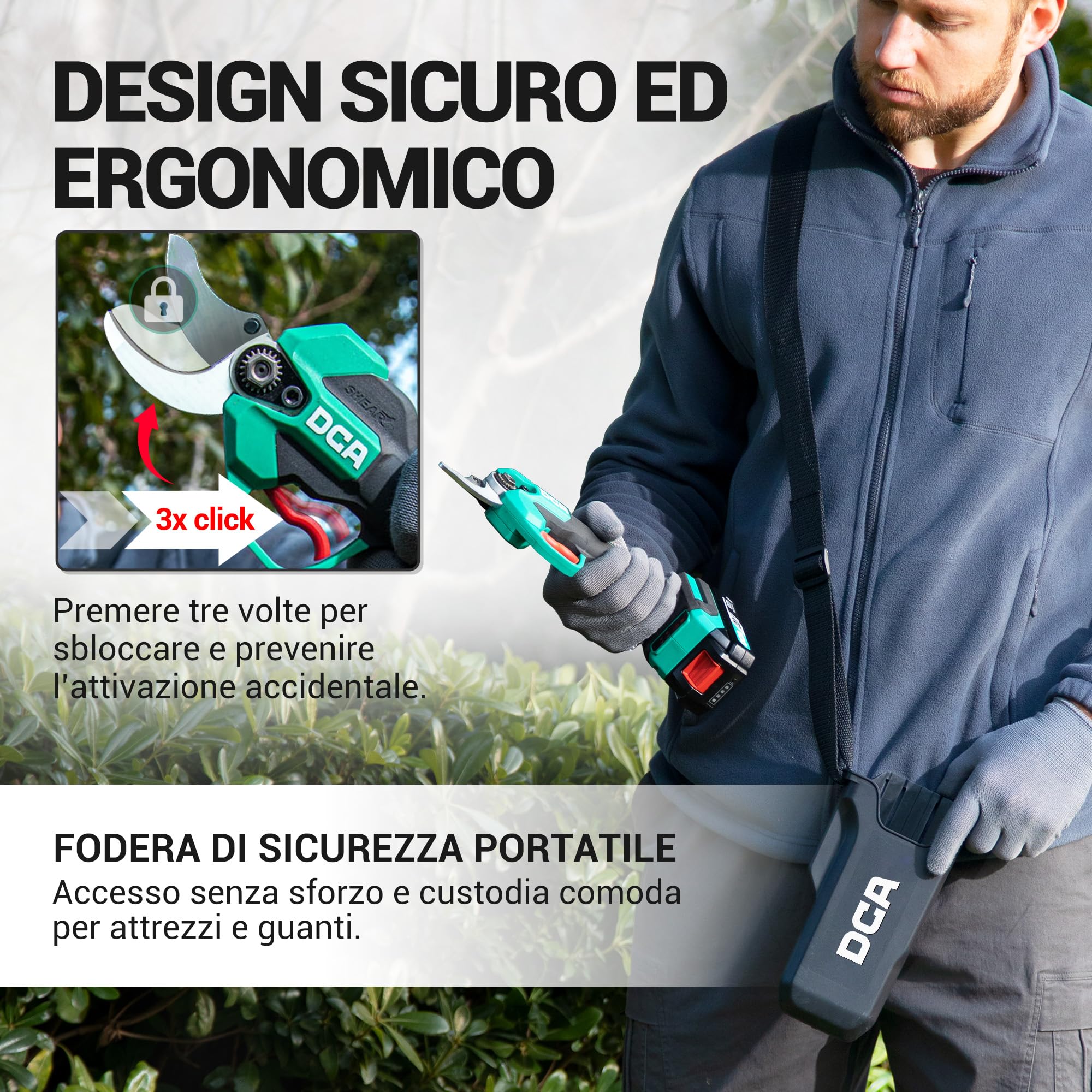 DCA Forbici Portatili a Batteria 20V, max 35mm Brushless Cesoie Potatura Elettriche con 2,0Ah batteria, Lama SK5 Forbice Elettrica con custodia di sicurezza portatile per Frutteto Parco Fattoria Olivo