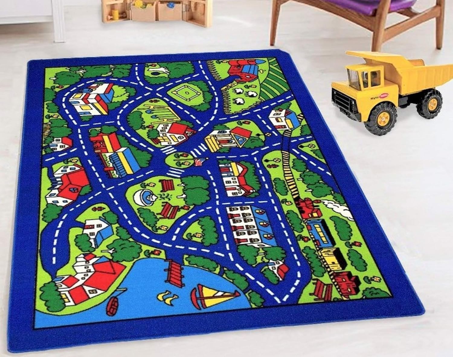 Road Mats My Neighborhood Map/Blue and Multi Color Anti Slip Rug