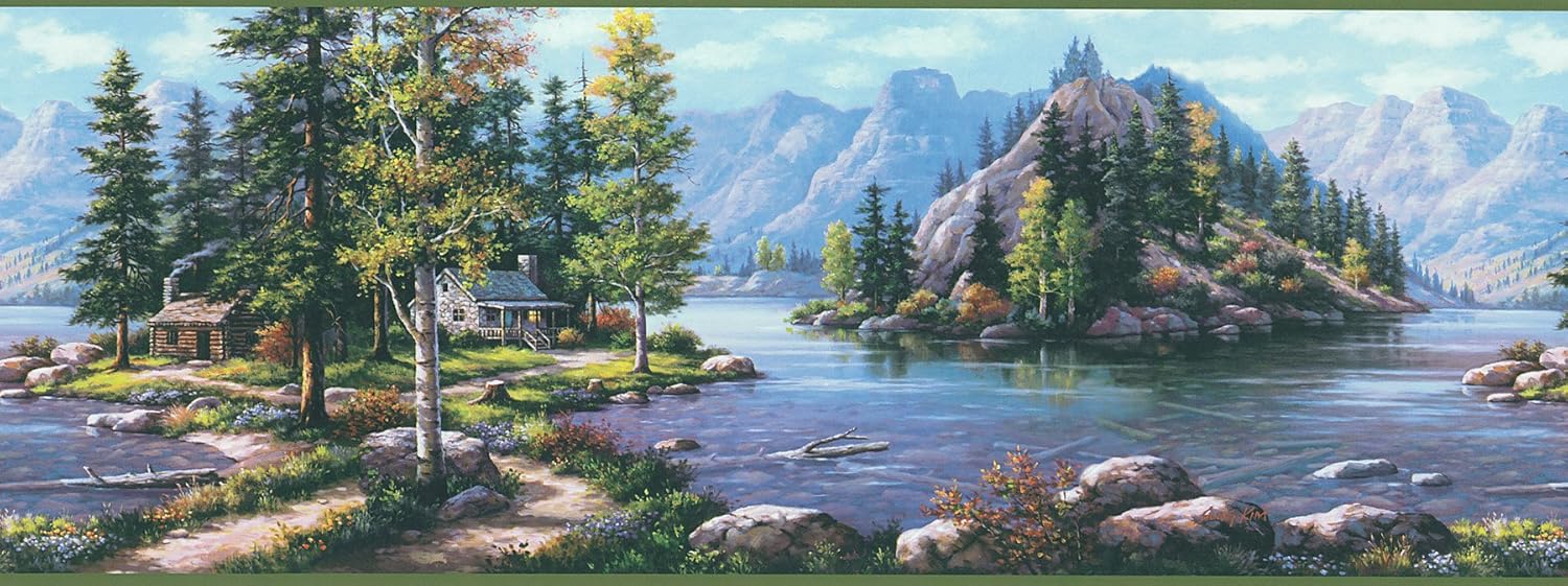 Brewster 145B87725 Northwoods Lodge Bunyan Blue Mountain Cabin Border Wallpaper
