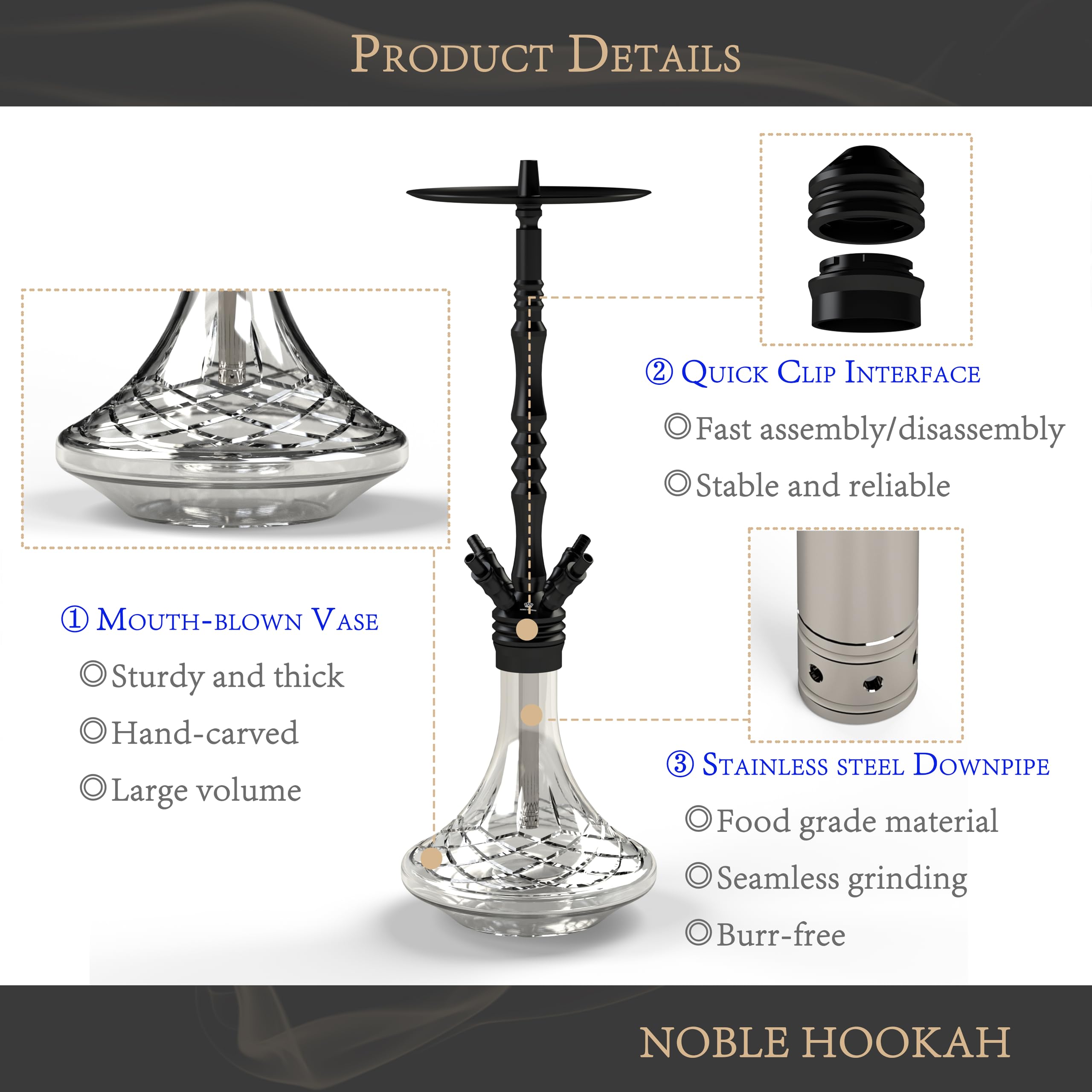 NOBLE HOOKAH Narghilè Completo 95cm Shisha Con Molasses, Tubo 150cm, Accessori: Pinze Carbone, Testa Con 4 Tubi, 4 Connettori, 4 Bocchini