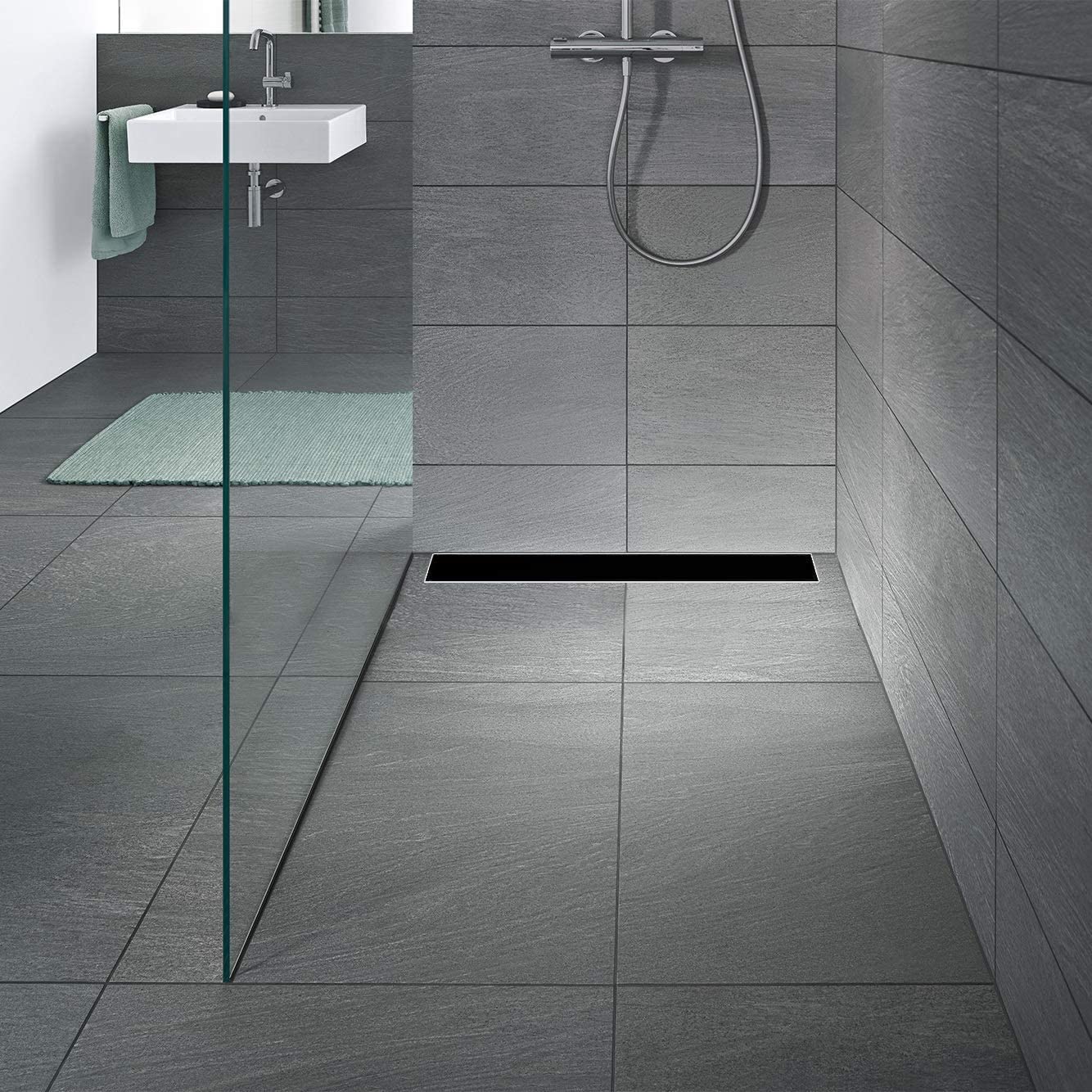 Canaleta de Ducha Rectangular de Acero Inoxidable Ultra Plana Medida 120cm - Modelo R3 Desagüe de Borde Vidrio Negro