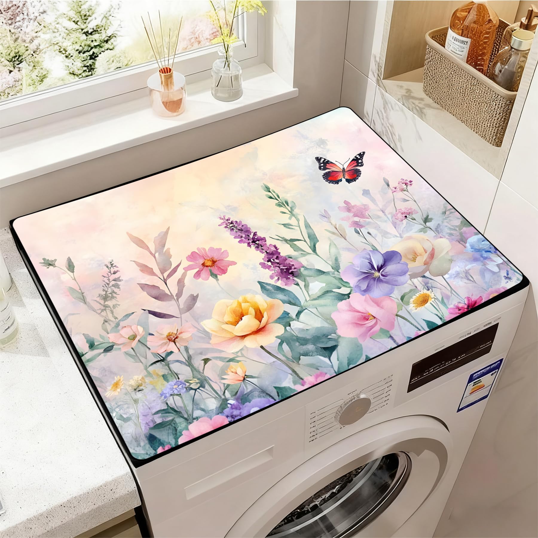 Washer and Dryer Covers for the Top, Non-slip Dryer Top Protector Mat, Dust-proof Washing Machine Cover, 23.6" x 19.7" (Flowers and butterflies, 23.6" x 19.7")