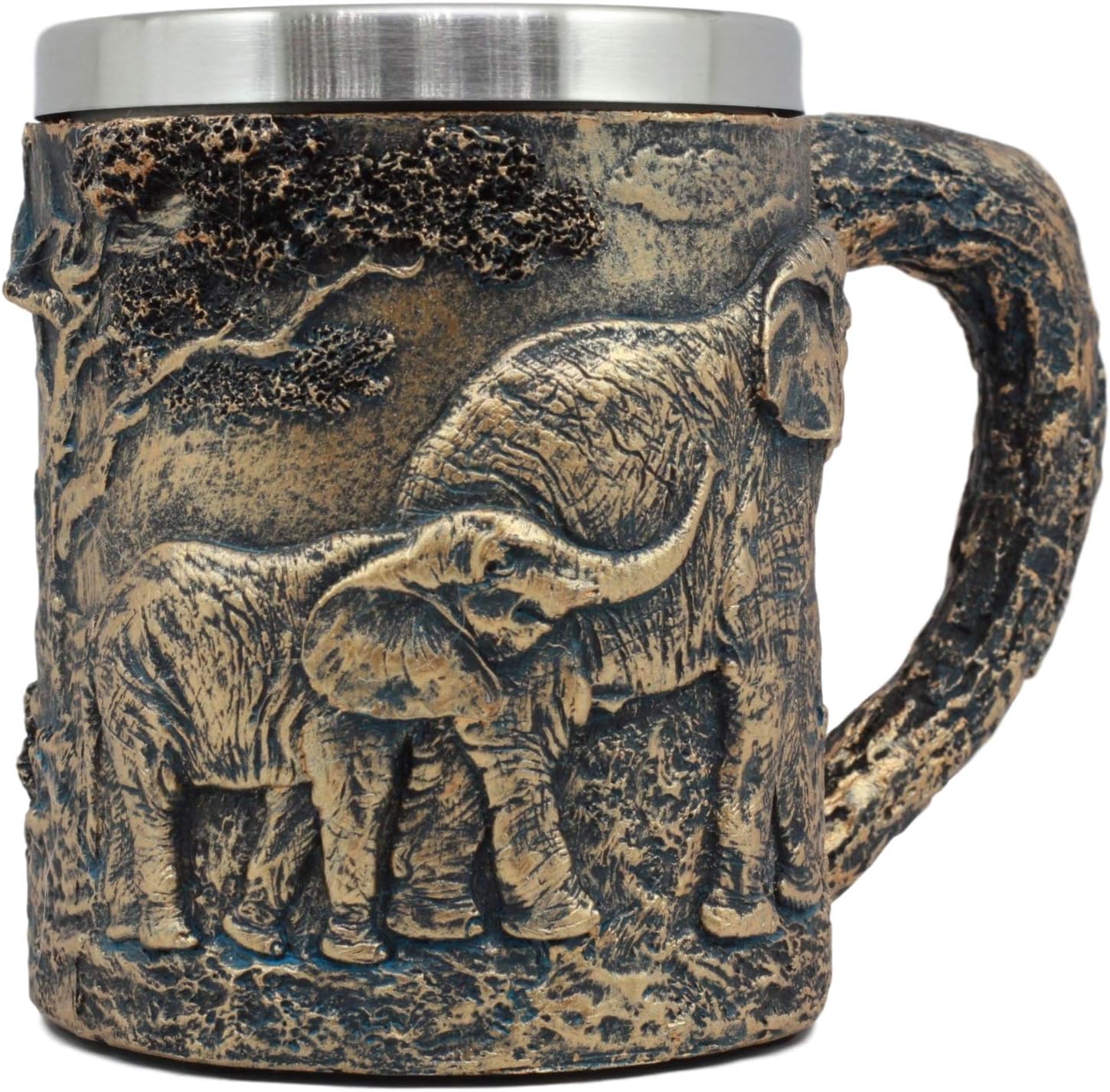Ebros Animal Totem Spirit Safari Elephant and Calf Taza familiar texturizada con diseño rústico de corteza de árbol con textura en acabado de bronce