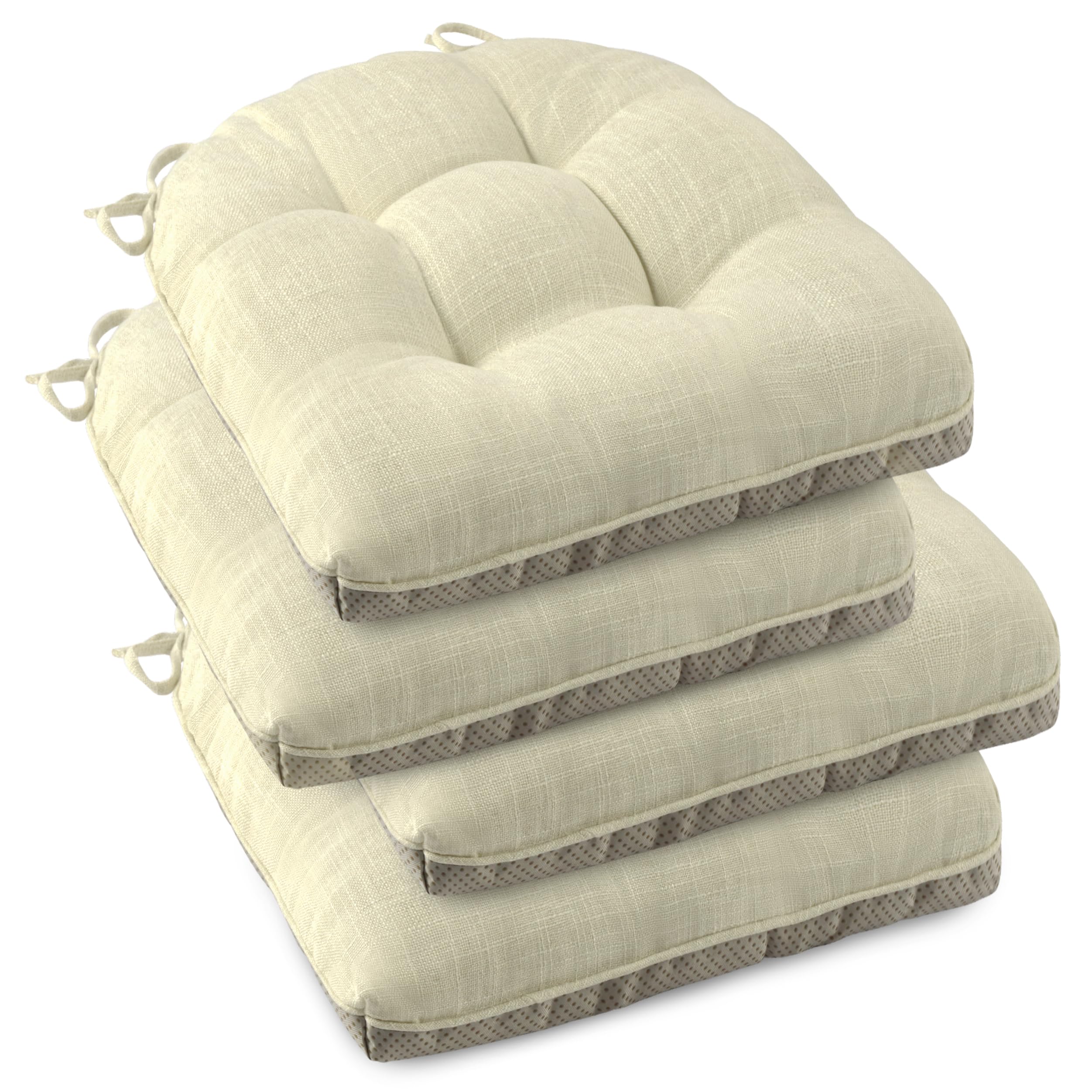 ovov indoor chair cushions for dining chairs set of 4 18x18 chair cushion with ties and non-slip backing tufted thick kitchen chair pads made of breathable faux linen fabric (beige)