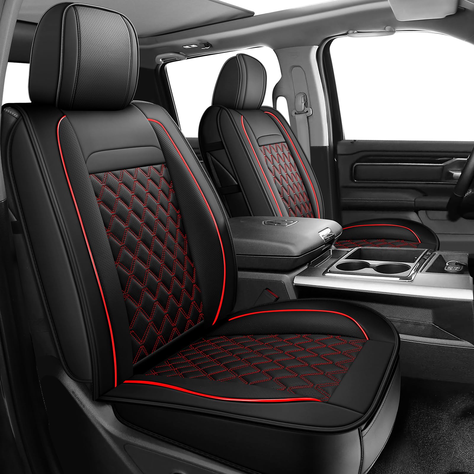 Dodge Ram Seat Covers, Waterproof Leather Ram Seat Cover Compatible with 2009-2025 RAM 1500 2500 3500 Truck Pickup Crew Cab Quad Cab (Black Red, Front Seat)