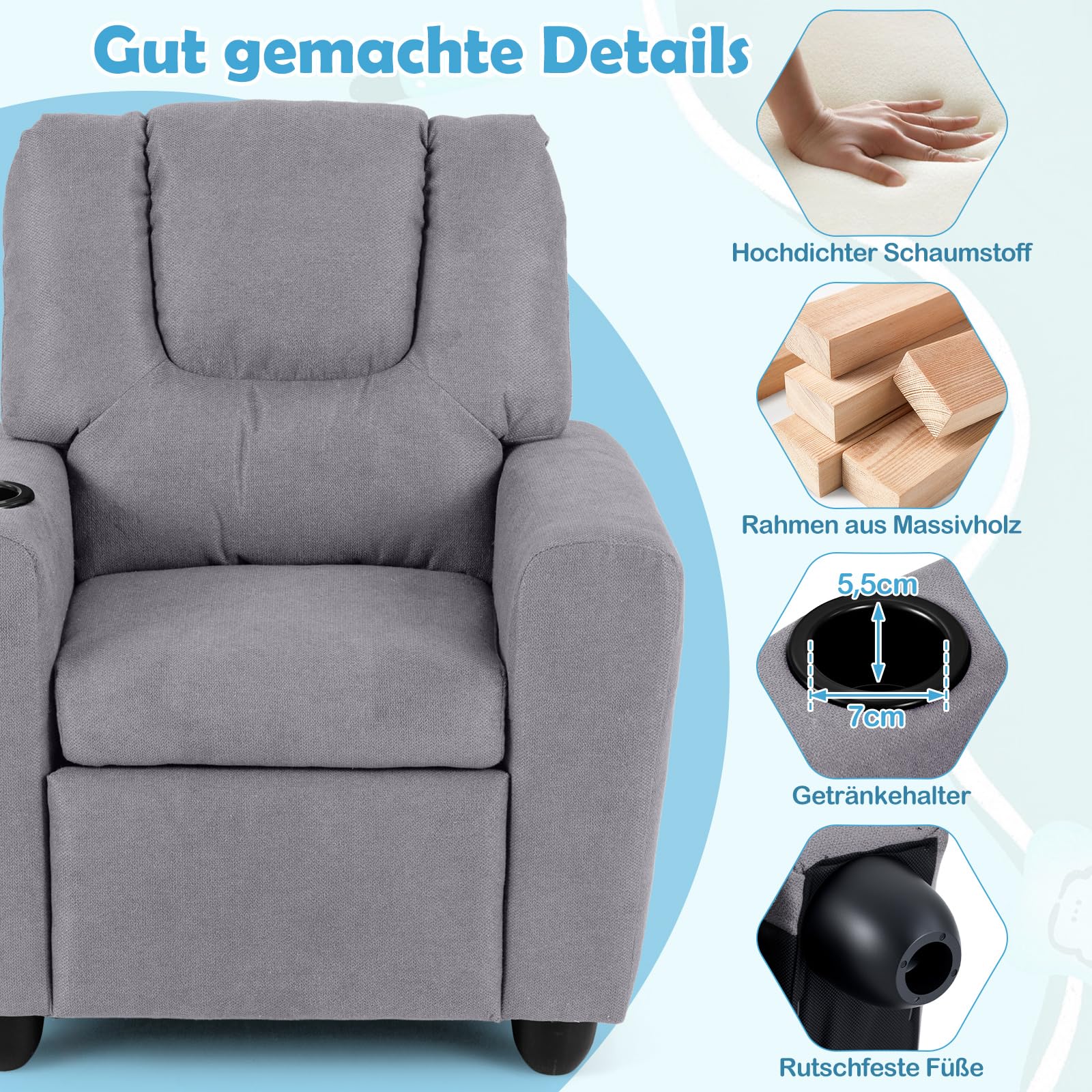COSTWAY Fotel dziecięcy z funkcją relaksacyjną, sofa dziecięca z podłokietnikami, regulowanym oparciem i podnóżkiem, wyściełana sofa dziecięca z uchwytem na napoje, fotel relaksacyjny dla dzieci od 3
