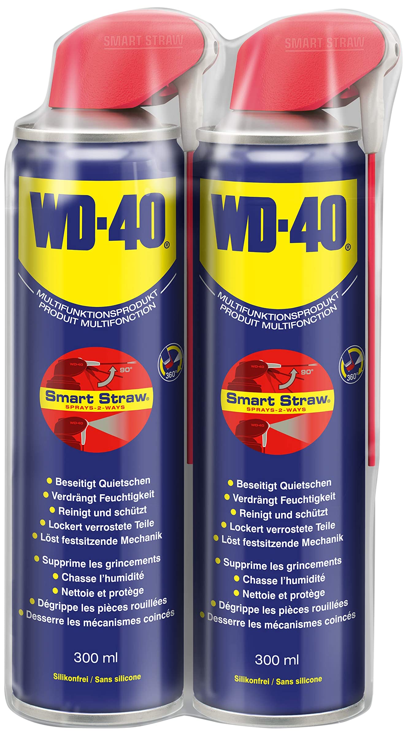 WD-40 Multifunktionsprodukt Smart Straw 2x300ml – Präzise Anwendung mit klappbarem Sprührohr, löst festsitzende Mechaniken & Rost, beseitigt Quietschen, verdrängt Feuchtigkeit, schützt & reinigt