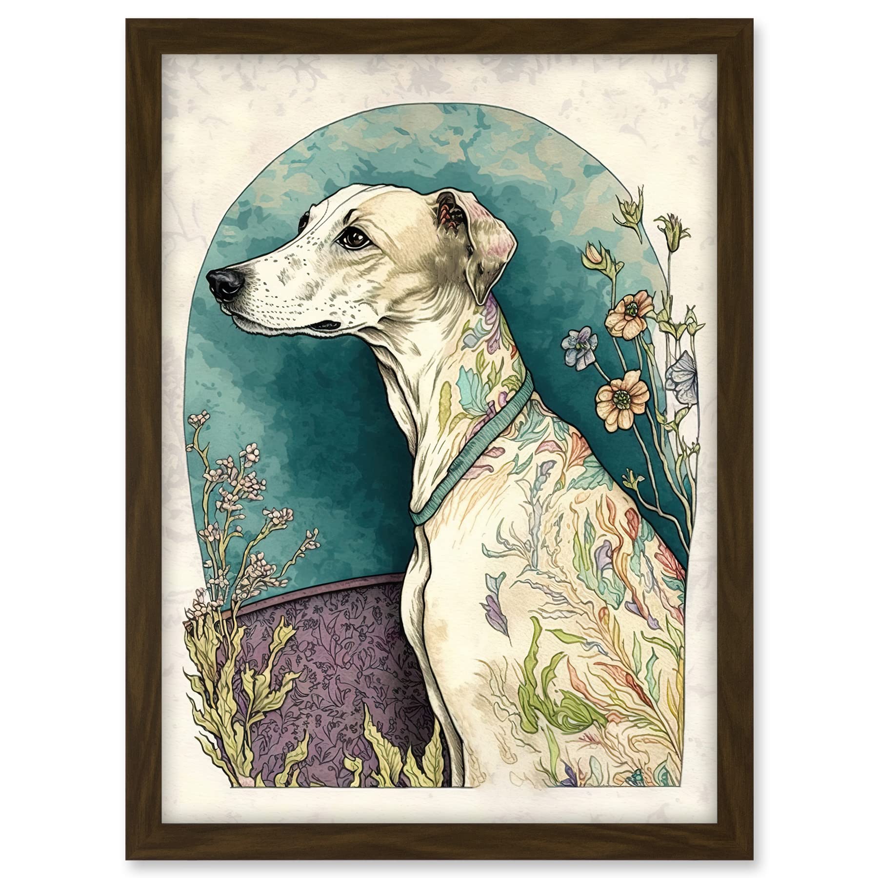 Artery8 Whippet Dog with Flowers Modern Multicoloured Watercolour Illustration Artwork Framed A3 Wall Art Print