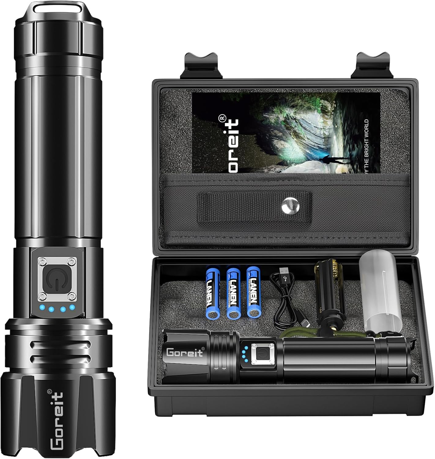Goreit Super Bright LED Flashlight - 30W Output for 50000 Lumens & 3937ft Beam, USB-C Rechargeable with 12H Runtime, IP67 Waterproof Powerful Handheld Linternas for Home, Camping, Hiking, Emergency