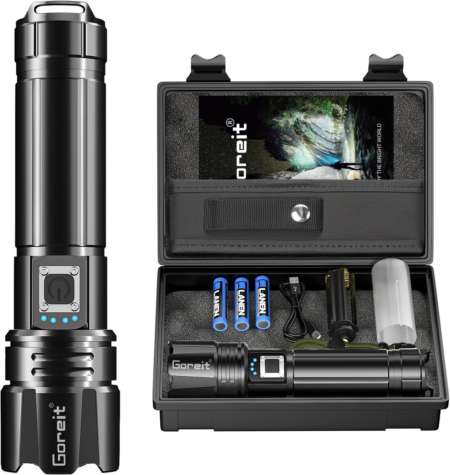 Goreit Super Bright LED Flashlight - 30W Output for 50000 Lumens & 3937ft Beam, USB-C Rechargeable with 12H Runtime, IP67 Waterproof Powerful Handheld Linternas for Home, Camping, Hiking, Emergency