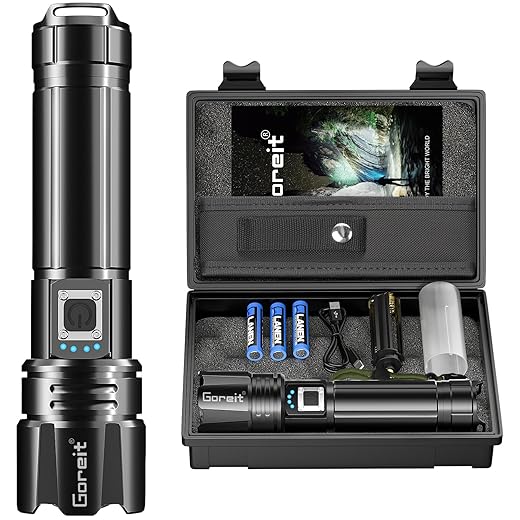 Flashlight High Lumens Rechargeable, Goreit 20000 Lumen Led Flashlights XHP70.2 USB Super Bright Flash Light, High Powered Handheld Flashlights for Emergencies Camping, IP67 Waterproof, Zoomable
