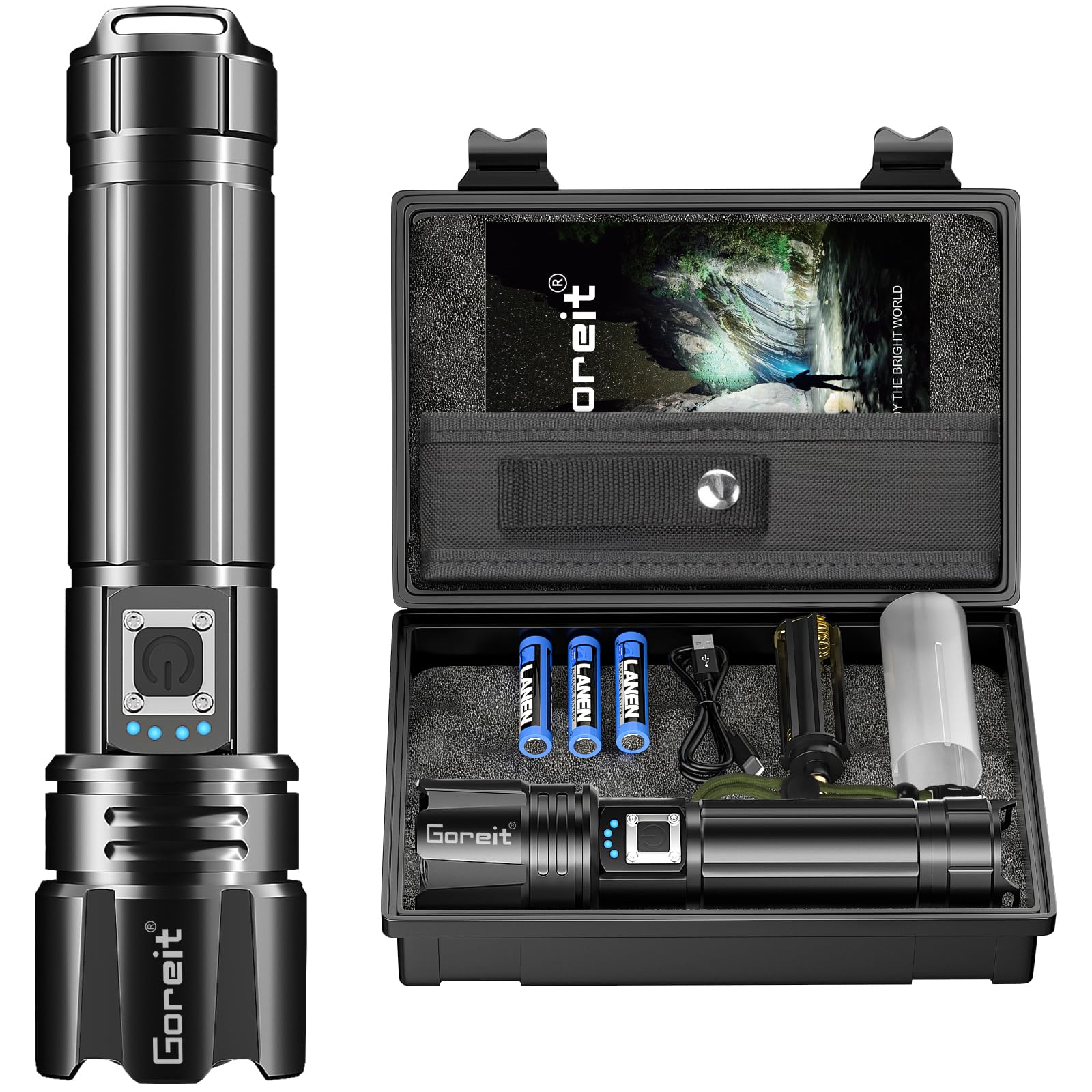 Photo 1 of Goreit Super Bright LED Flashlight - 30W Output for 50000 Lumens & 3937ft Beam, USB-C Rechargeable with 12H Runtime, IP67 Waterproof Powerful Handheld Linternas for Home, Camping, Hiking, Emergency