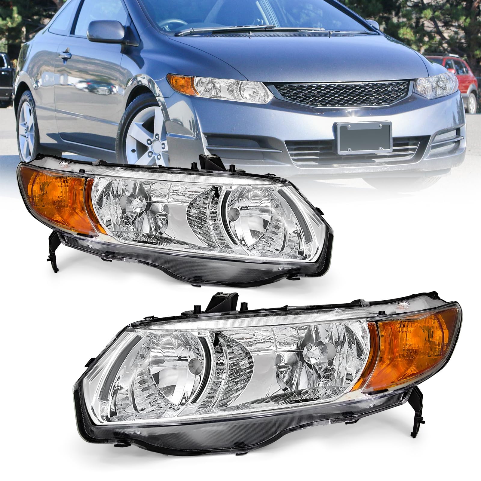AS Headlight Assembly For 2006 2007 2008 2009 2010 2011 Honda Civic 2-Door Headlight With Amber Reflector Headlamp Replacement And Good Sealing With Chrome Housing