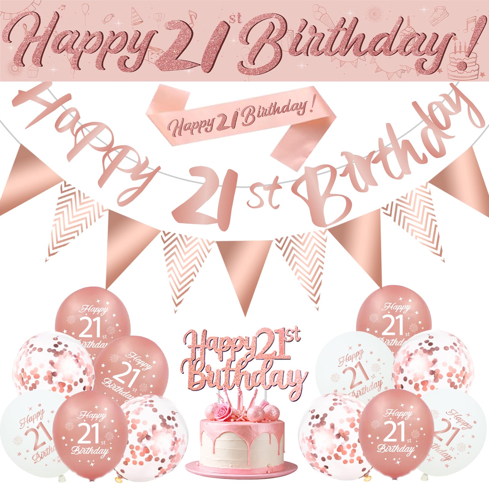 21st Birthday Decorations for Her, Rose Gold Balloons with Happy 21st Birthday Banner and Flag, Sash, Triangle Bunting Flags, Cake Topper, 21st Birthday Balloons for Party Decoration