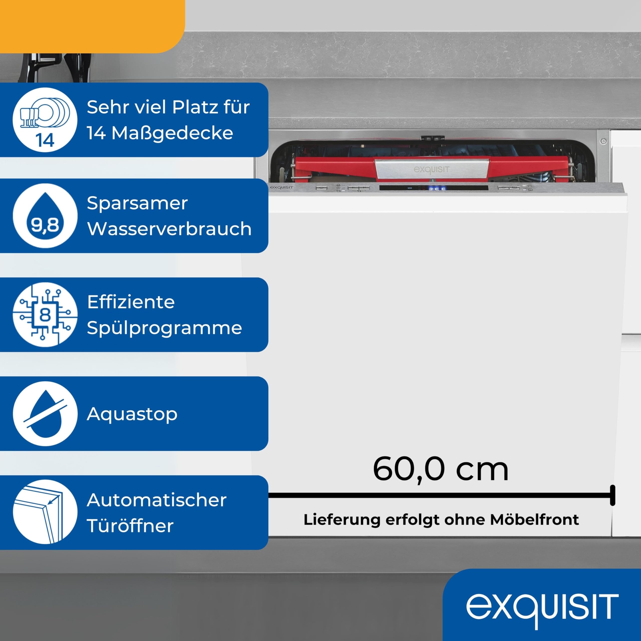 Exquisit Einbaugeschirrspüler 60cm Vollintegriert - 14 Maßgedecke & Inox | Besteckschublade, LED-Bodenlicht, Aquastop, 8 Spülprogramme, Automatischer Türöffner EGSP9614-E-031B, 24h Startzeitvorwahl