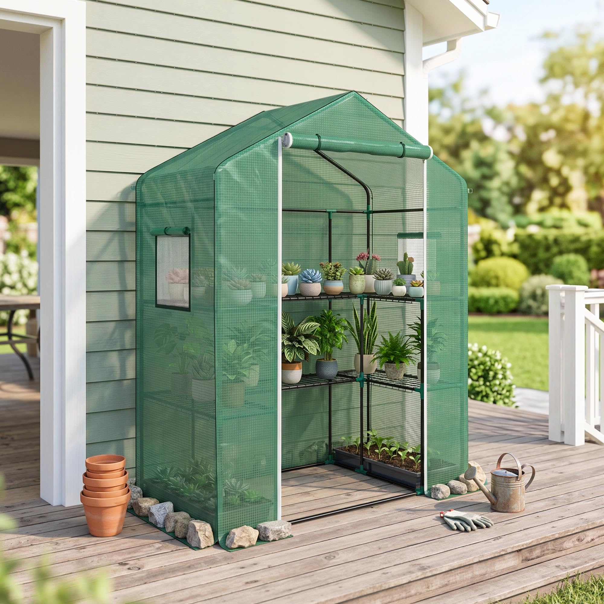 Outsunny Serre de Jardin PE avec Étagères 3 Niveaux 140x73x190 cm Vert | Serre de Balcon, Bâche Renforcée 135 g/m², Châssis en Acier, Porte Zippée Enroulable, pour Légumes Plantes Fleurs
