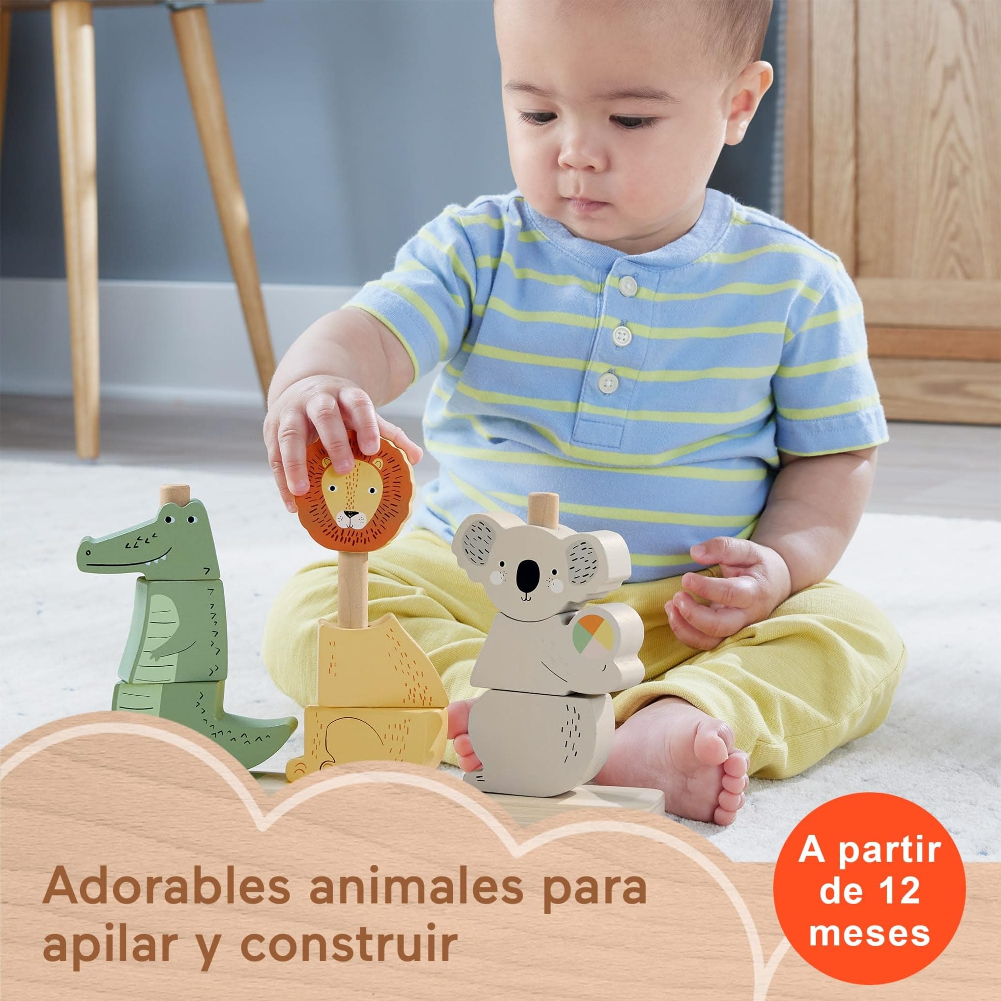 Fisher-Price Bloques apilables con forma de animales (koala, león y cocodrilo), 10 piezas fabricadas con material certificado FSC, juego inspirado en Montessori, para bebés +12 meses (HXV04) — view 2