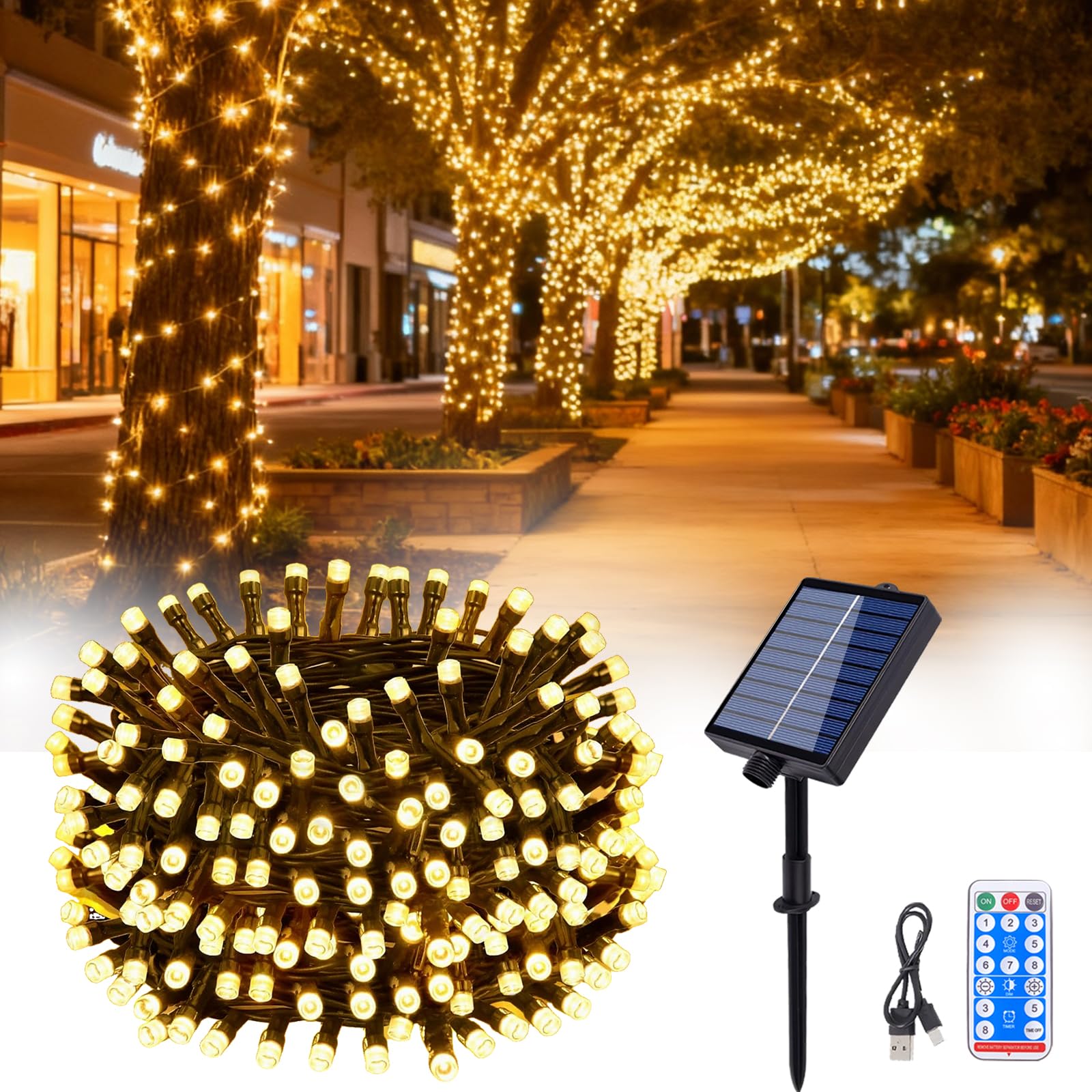 Solarny łańcuch świetlny na zewnątrz 20 m, 200 diod LED, ciepła biel, z pilotem sterującym i timerem, 8 trybów pracy, solarny łańcuch świetlny na zewnątrz do dekoracji ogrodu, tarasów, na