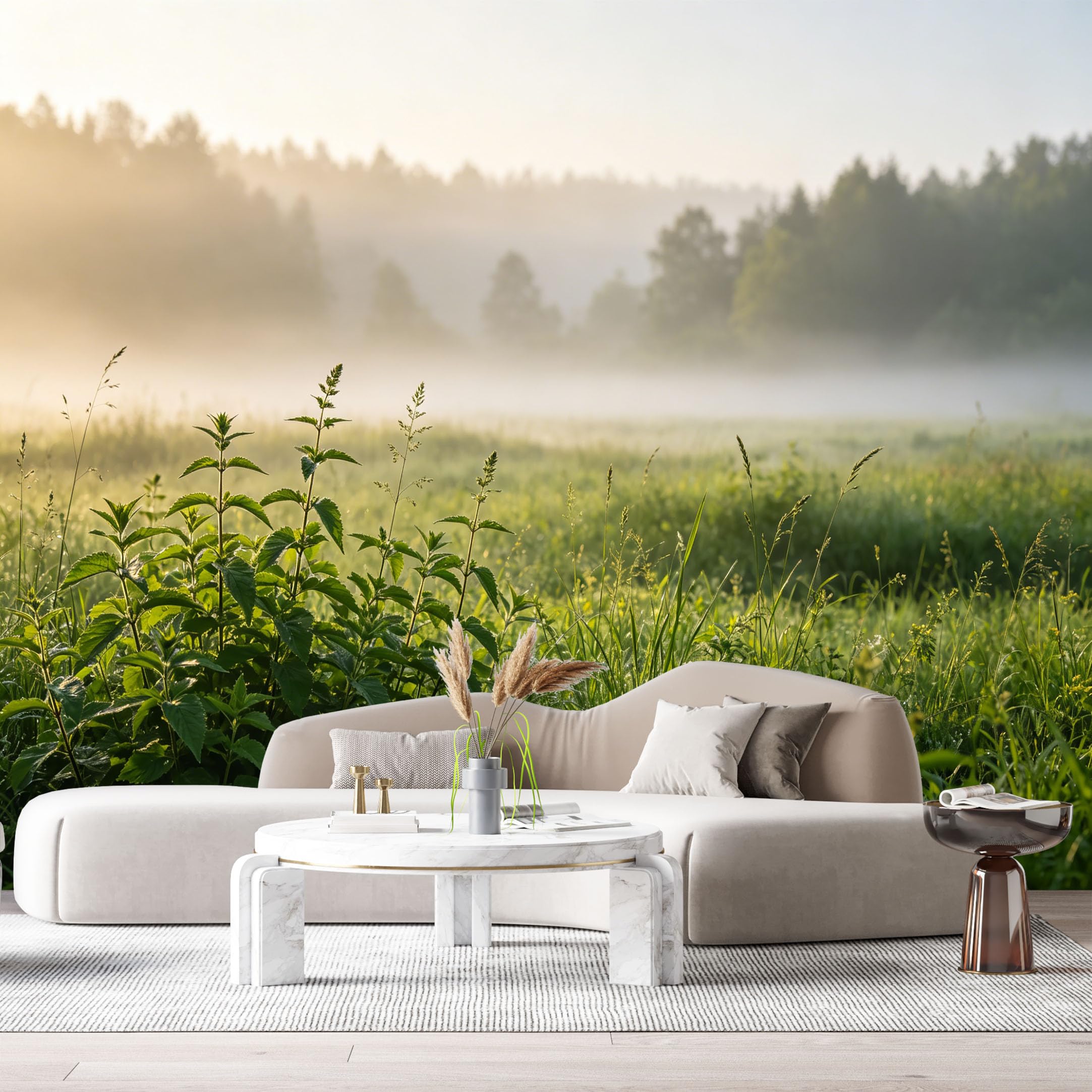 Custom Size Wall Murals Misty Meadow Landscape Botanical Morning Fog Trees Field SelfAdhesive Wall Fabric Removable Large Wallpaper for Photo Living Room