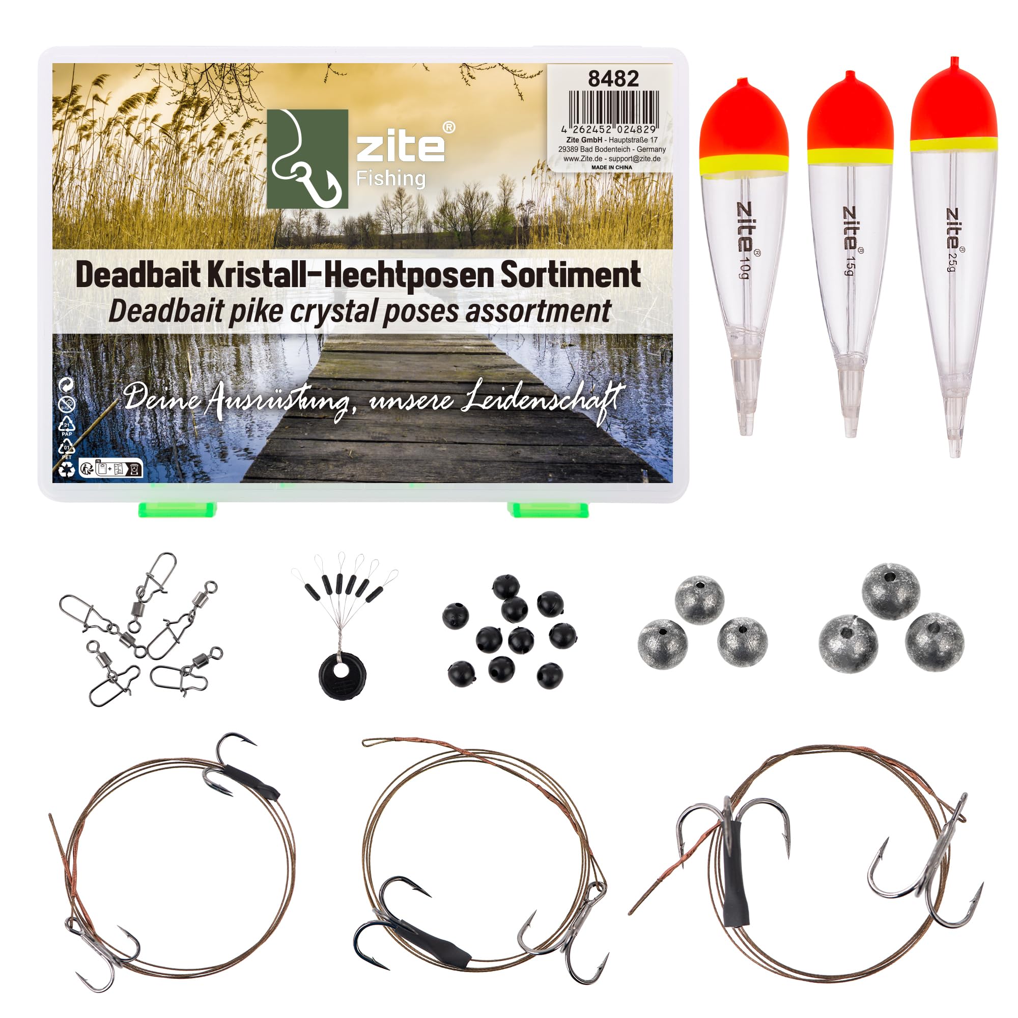 Zite Fishing Deadbait Kristall-Hechtposen Set | Raunfischposen 10–25 g | Fertige Doppel-Drilling Montagen auf Stahlvorfach | Kugelbleie Stopper Perlen inklusive | Köderfisch-Posen für Hecht
