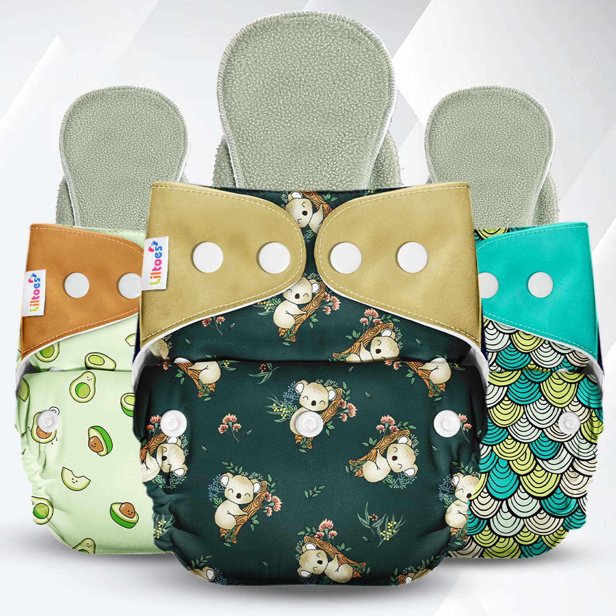 LILTOES Cloth Diapers For New Born Babies 0 to 3 Years | Freesize Adjustable and Reusable | Premium Cloth Nappies Pack of 3 (3 Cloth Diapers + 3 Inserts) |Dozing Koala + Maze Green + Avo Baby-image-23